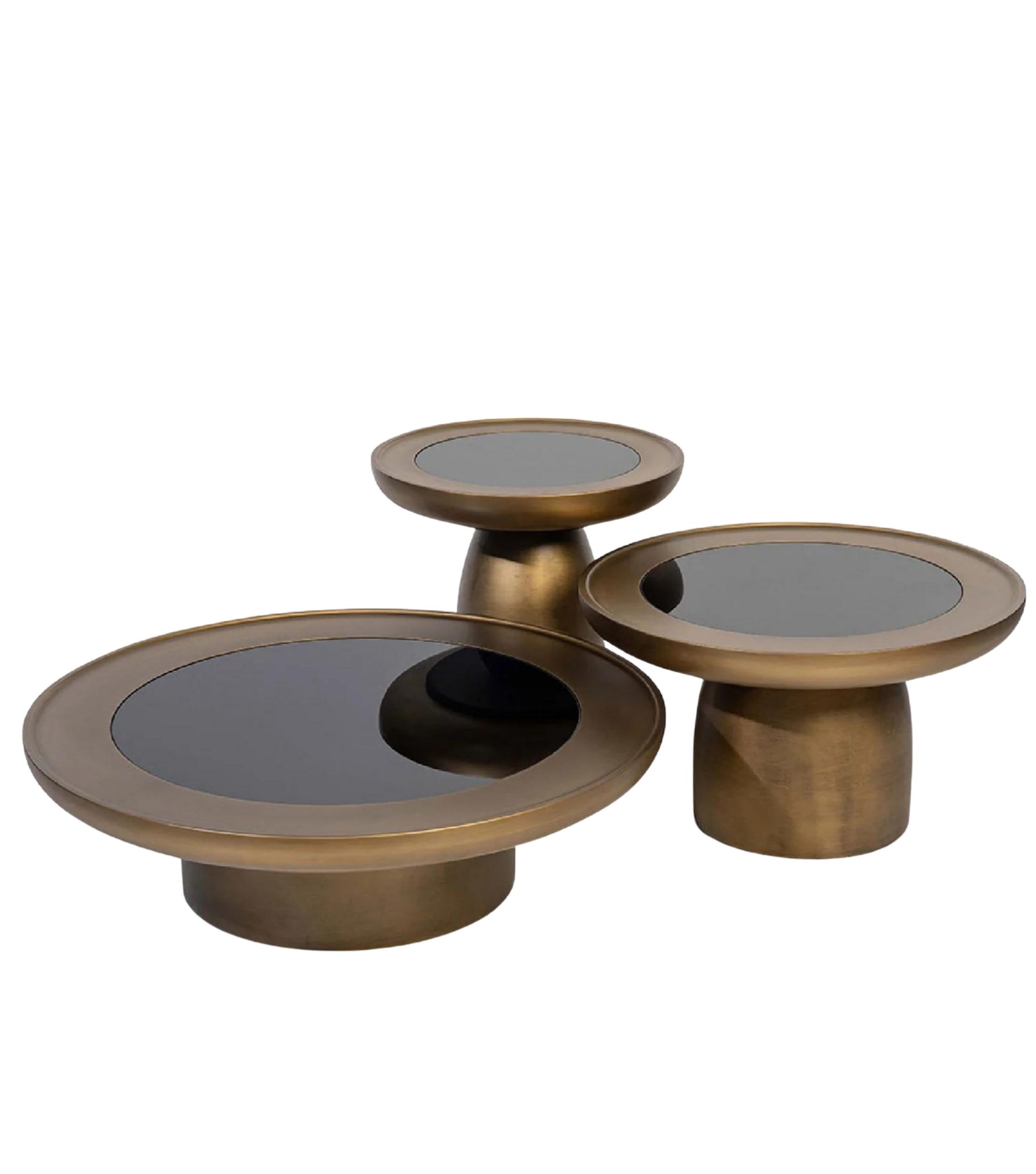 Hills Brass Cam Detay Mushroom Ahşap 3lü Orta Sehpa Takımı