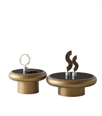 Belukha Ahşap Silindir Yuvarlak Cam Detay Sehpa Brass