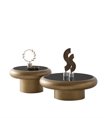 Belukha Ahşap Silindir Yuvarlak Cam Detay Sehpa Brass