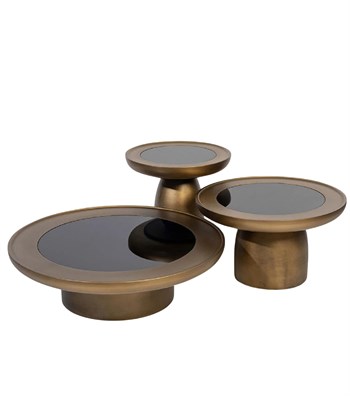 Hills Brass Cam Detay Mushroom Ahşap 3lü Orta Sehpa Takımı