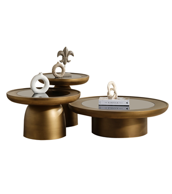 Hills Ahşap Üçlü Orta Sehpa Takımı Cam Detay Mushroom Brass