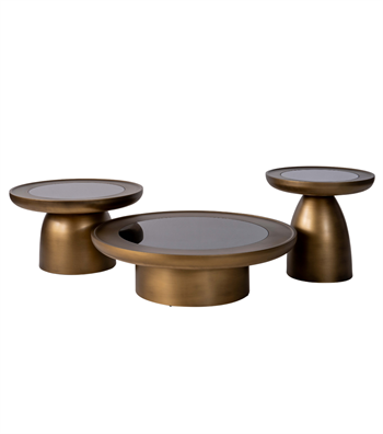 Hills Ahşap Üçlü Orta Sehpa Takımı Cam Detay Mushroom Brass