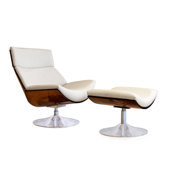 Sorrento Swivel Metal Leg Solid Wood Walnut Armchair Pouf Set White