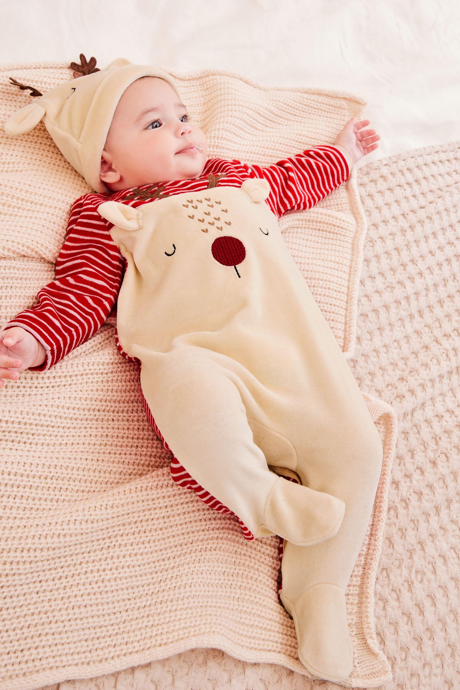 Bebek Pamuklu Kumaş Sevimli Geyik Tasarımlı Uyku Tulumu ve Şapka Set