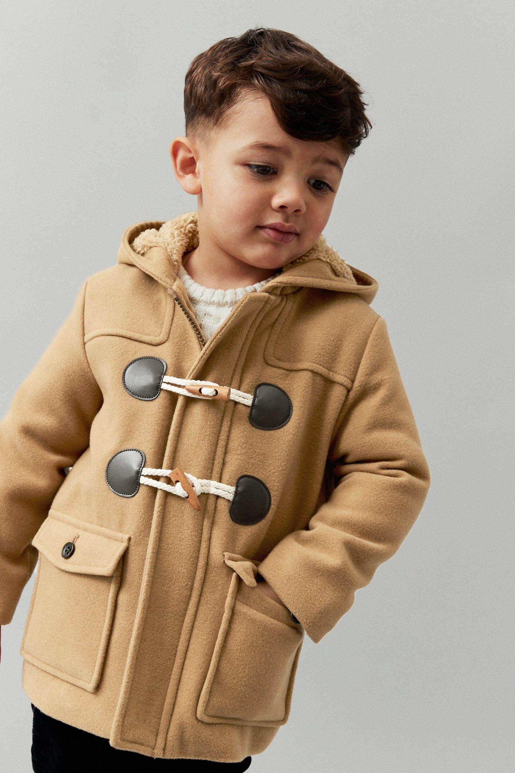 Erkek Çocuk Fildişi Düğme Detaylı Kahverengi Duffle Mont / Kaban