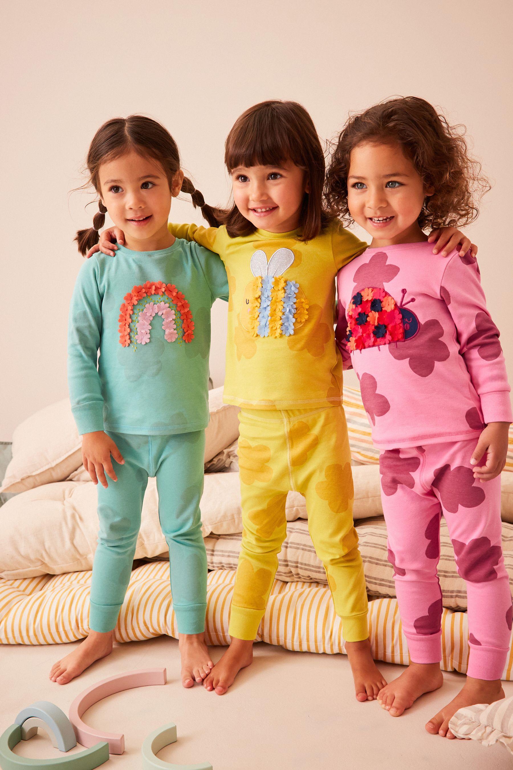 Kız Çocuk %100 Pamuk Hayvan Aplikeli Rengarenk 3'lü Pijama Takımı