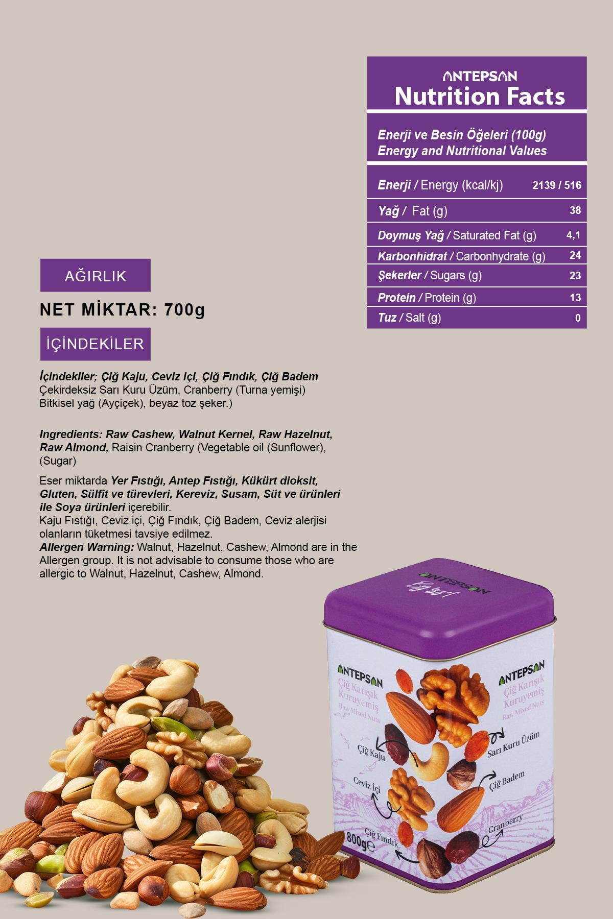 Teneke Çiğ Karışık Kuruyemiş 800 G