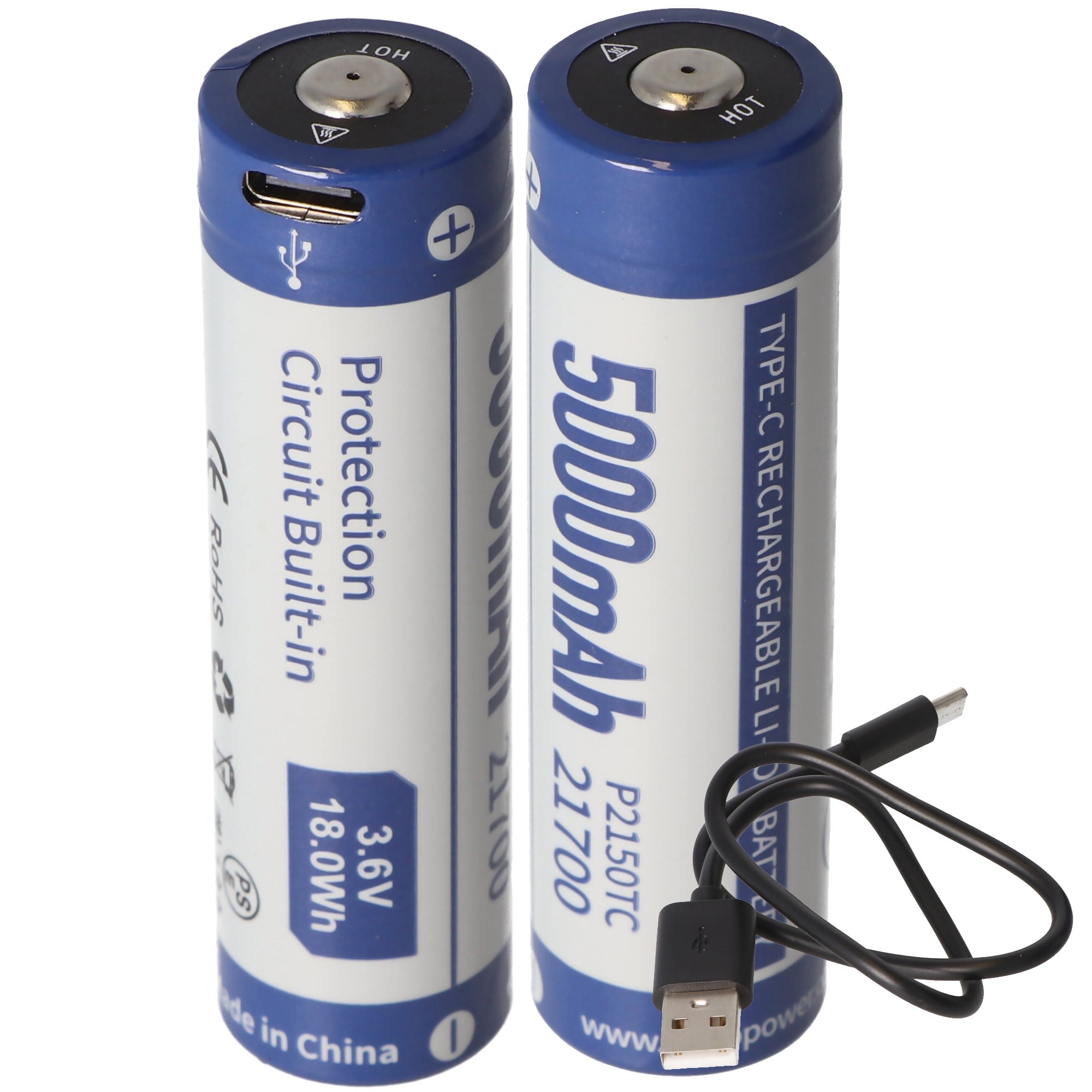 2 adet 21700 Li-ion pil 5000mAh 3.7V - 3.6V 76,2x21,4mm PCB korumalı, USB-C şarj seçeneği dahil