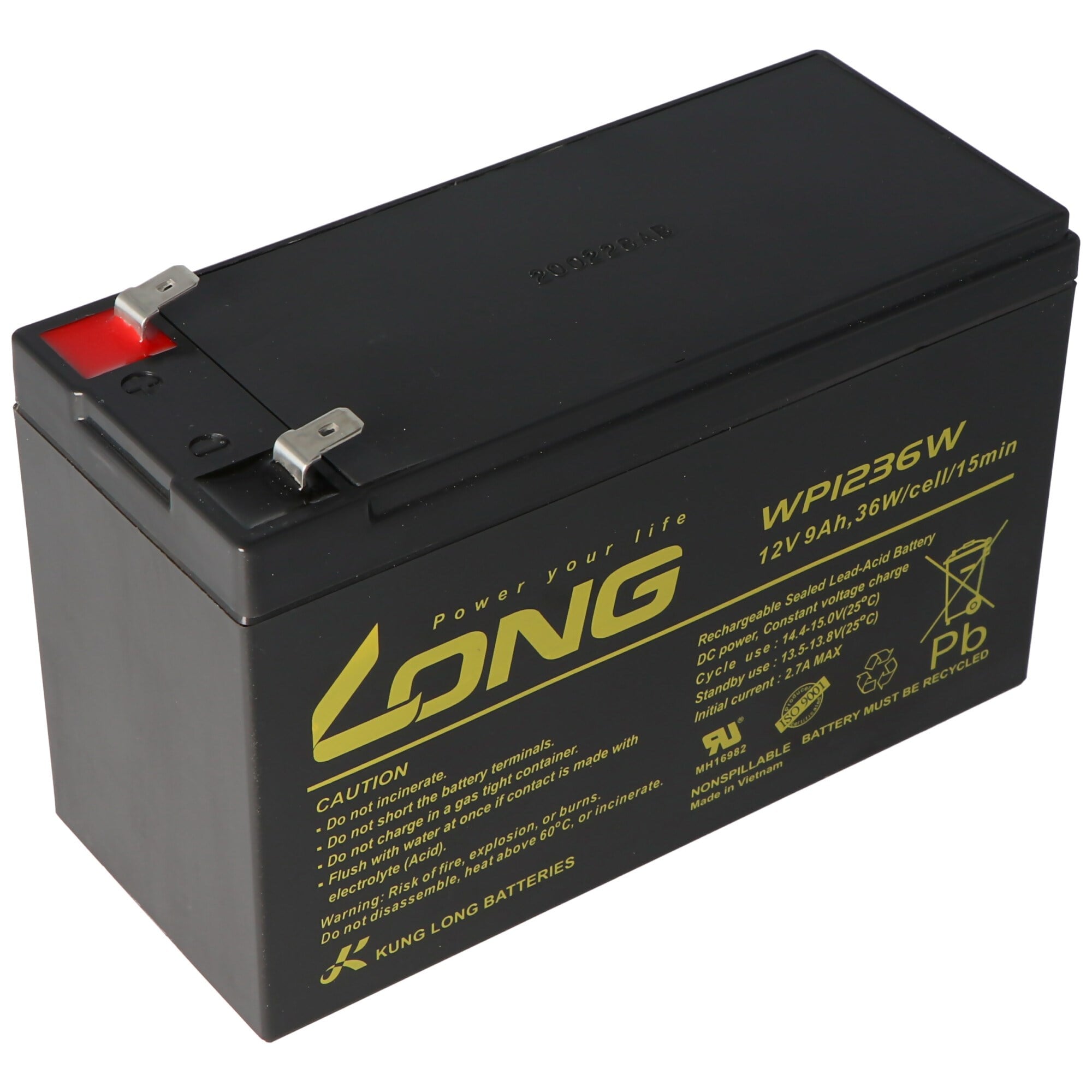 9Ah, 6.3mm Faston Tab 250 ile Kung Uzun WP1236W 12Volt 36W kurşun pil