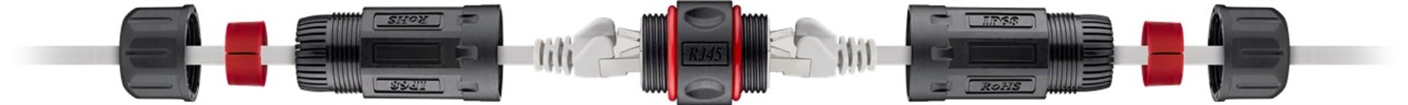 Dış mekan (IP68) RJ45 patch kablo bağlantısı / ağ kablosu konektörü, CAT 6 toz ve su geçirmez, 2x RJ45 soket (8P8C)