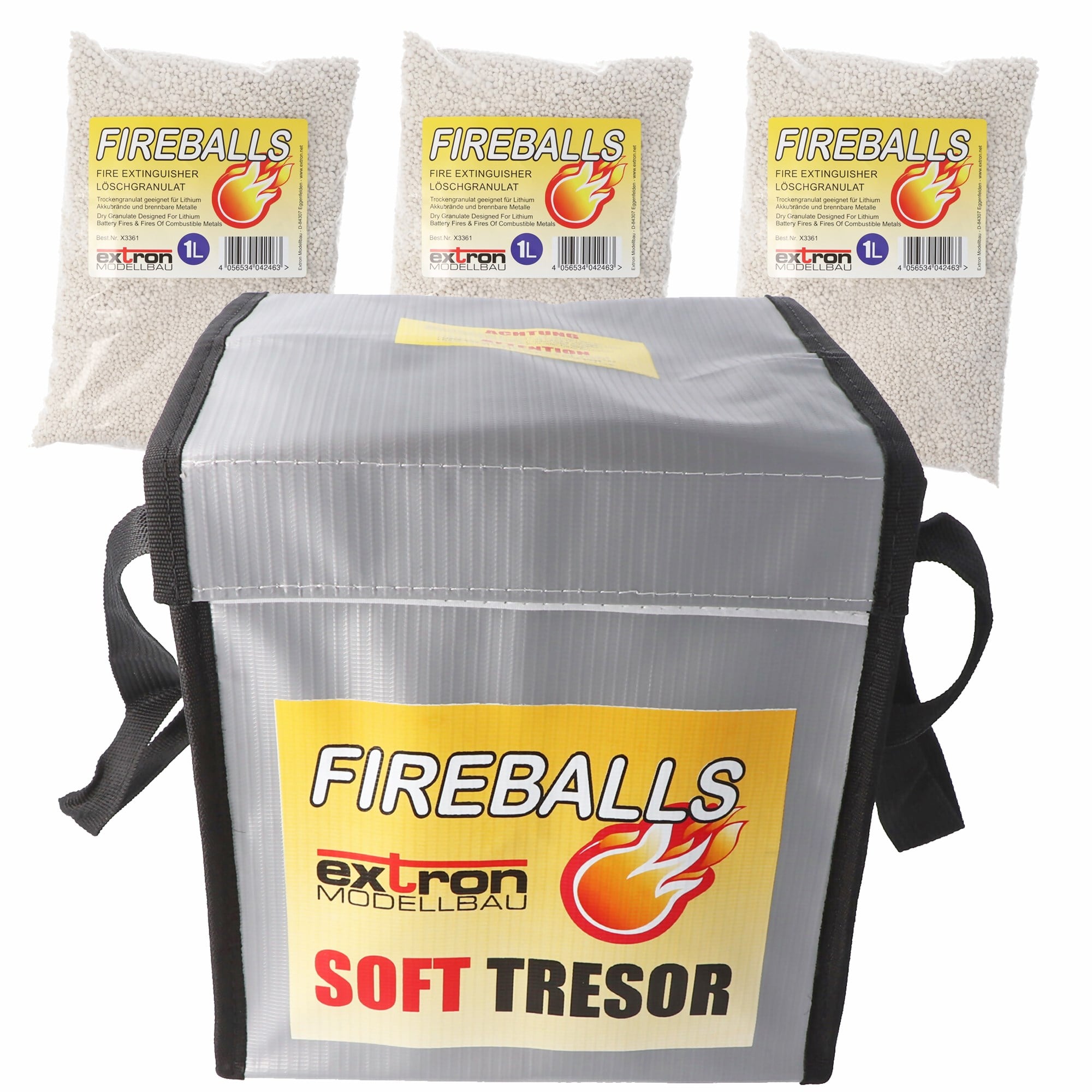 Fireballs Lityum piller için yangın söndürme için güvenli granül paket, yangından korunma, söndürme maddesi 3x1 litre Yumuşak kasa dahil