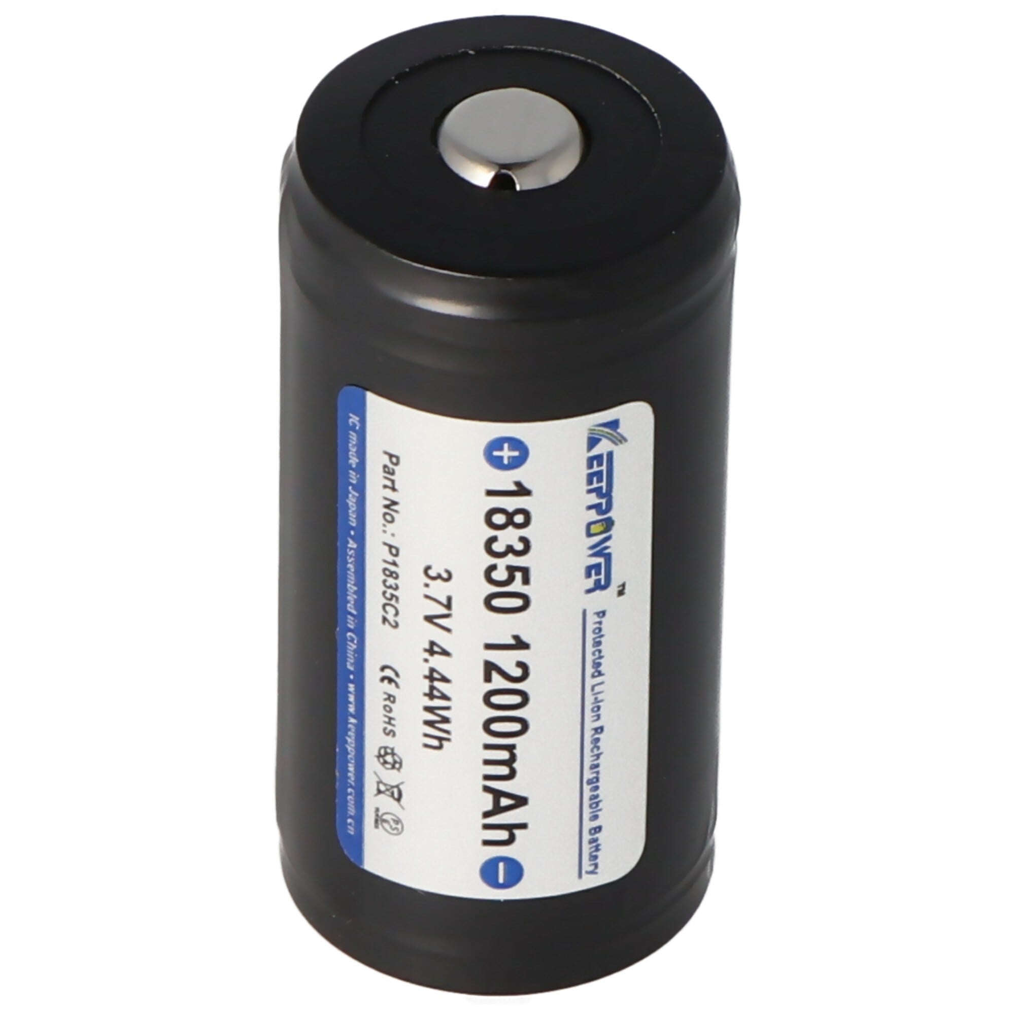 Keeppower 18350 - 1200mAh, 3.6V - 3.7V Li-ion pil korumalı, boyutlar not yaklaşık 39x18,6 mm