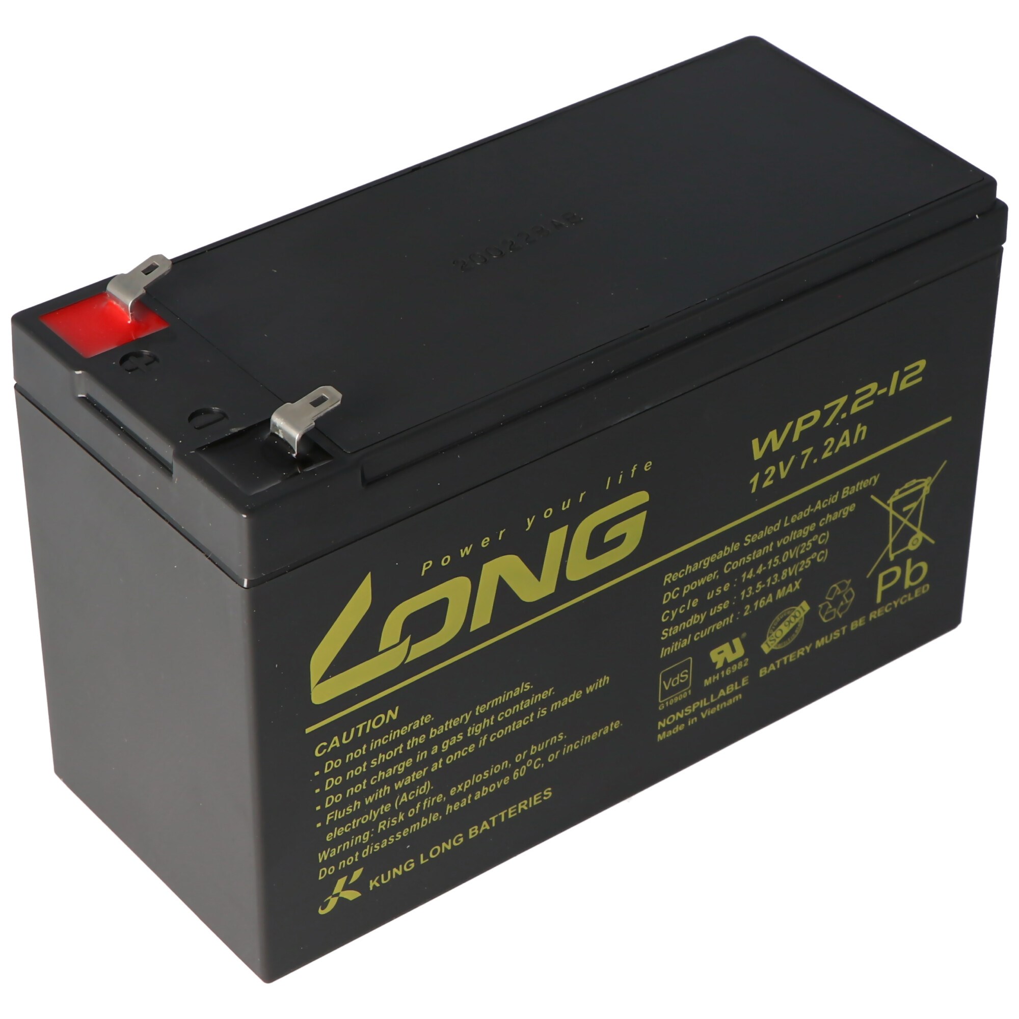 Kung Uzun WP7.2-12M, 12Volt, 7.2Ah VDS G101163, Faston 4.8mm fiş kontakları ile