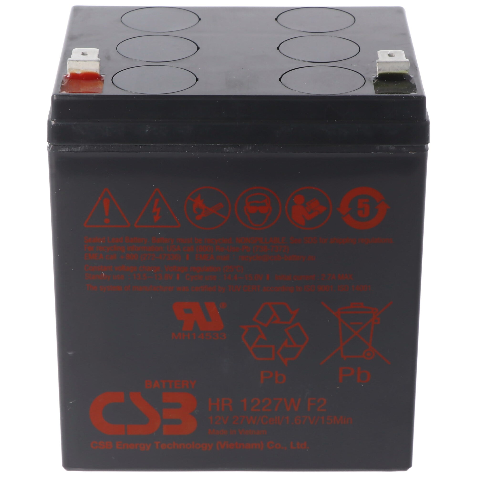 CSB-HR1227WF2 12 volt AGM kurşun asit batarya - 27Wh, 90x70x106mm Faston 6.3mm yüksek akıma dayanıklı