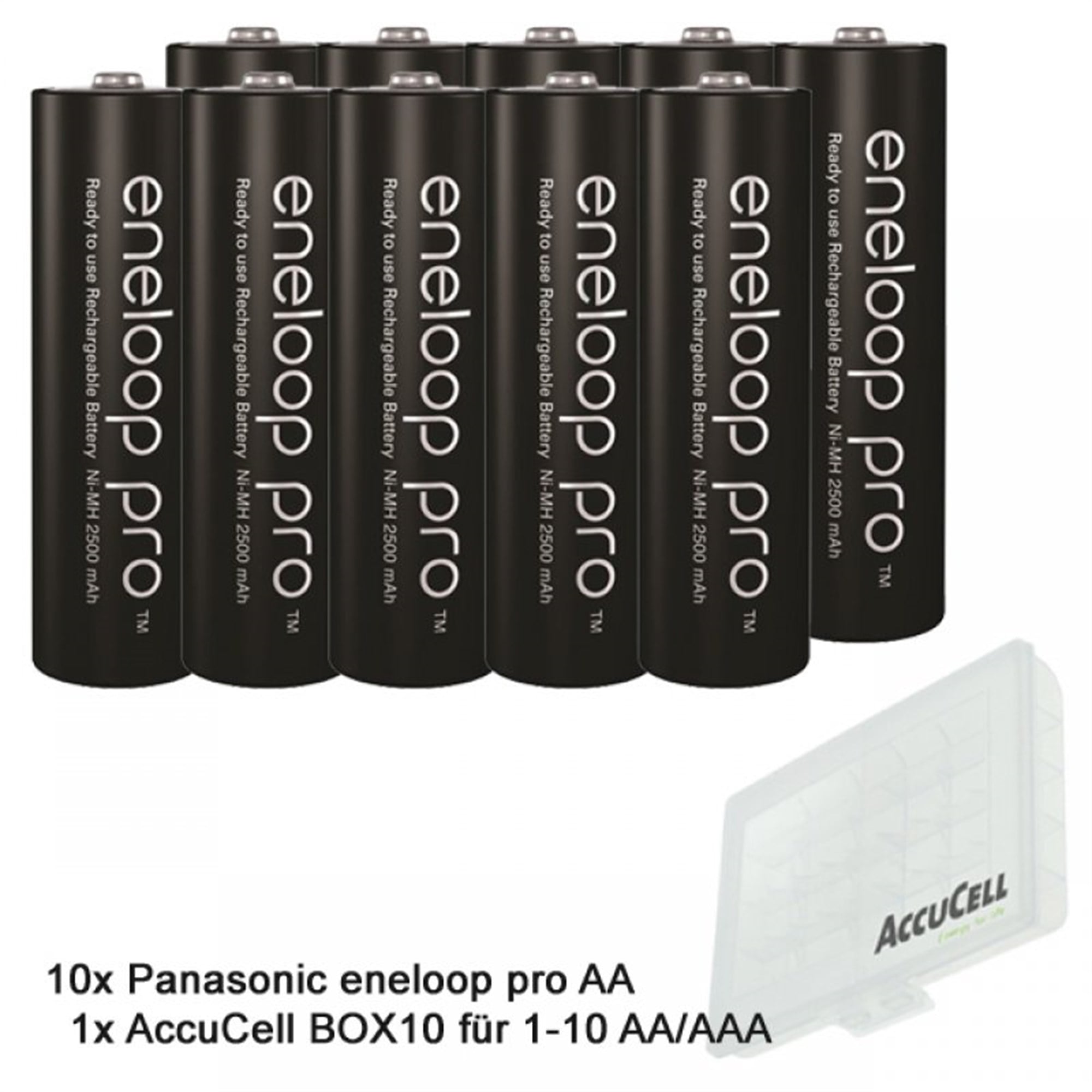 Ekstra güçlü performansa sahip 10 Panasonic eneloop pro Ni-MH pil, AA Mignon, 2500mAh ve AccuCell AccuSafe