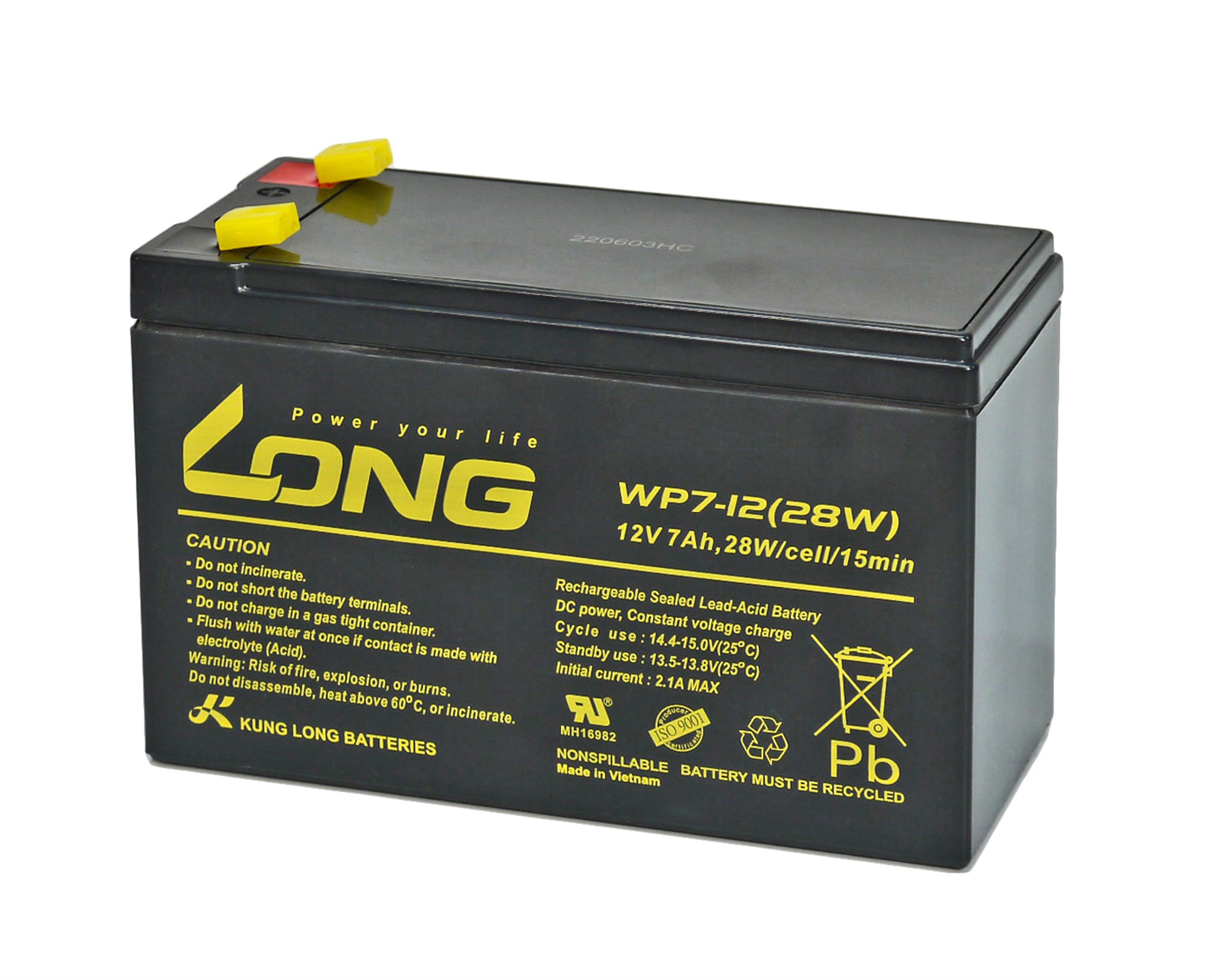 Kung Long bakım gerektirmeyen kurşun-asit akü WP7-12(28W), 6,3 mm Faston bağlantılı 12V/7Ah
