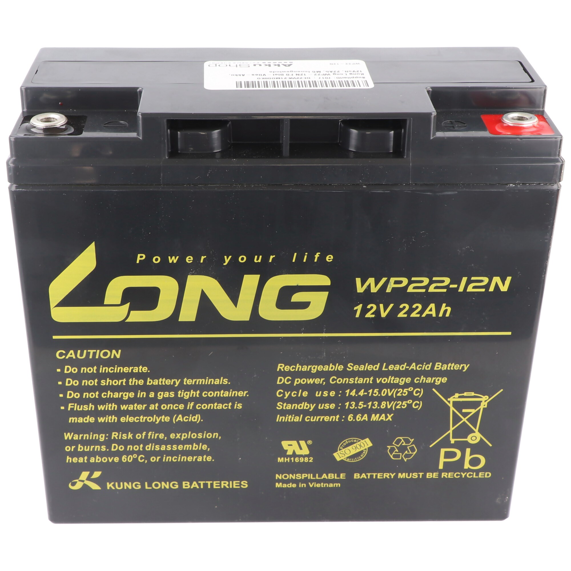 Kung Long WP22-12N F8 kurşun-polar akü, 12V, 22Ah, M6 iç dişli