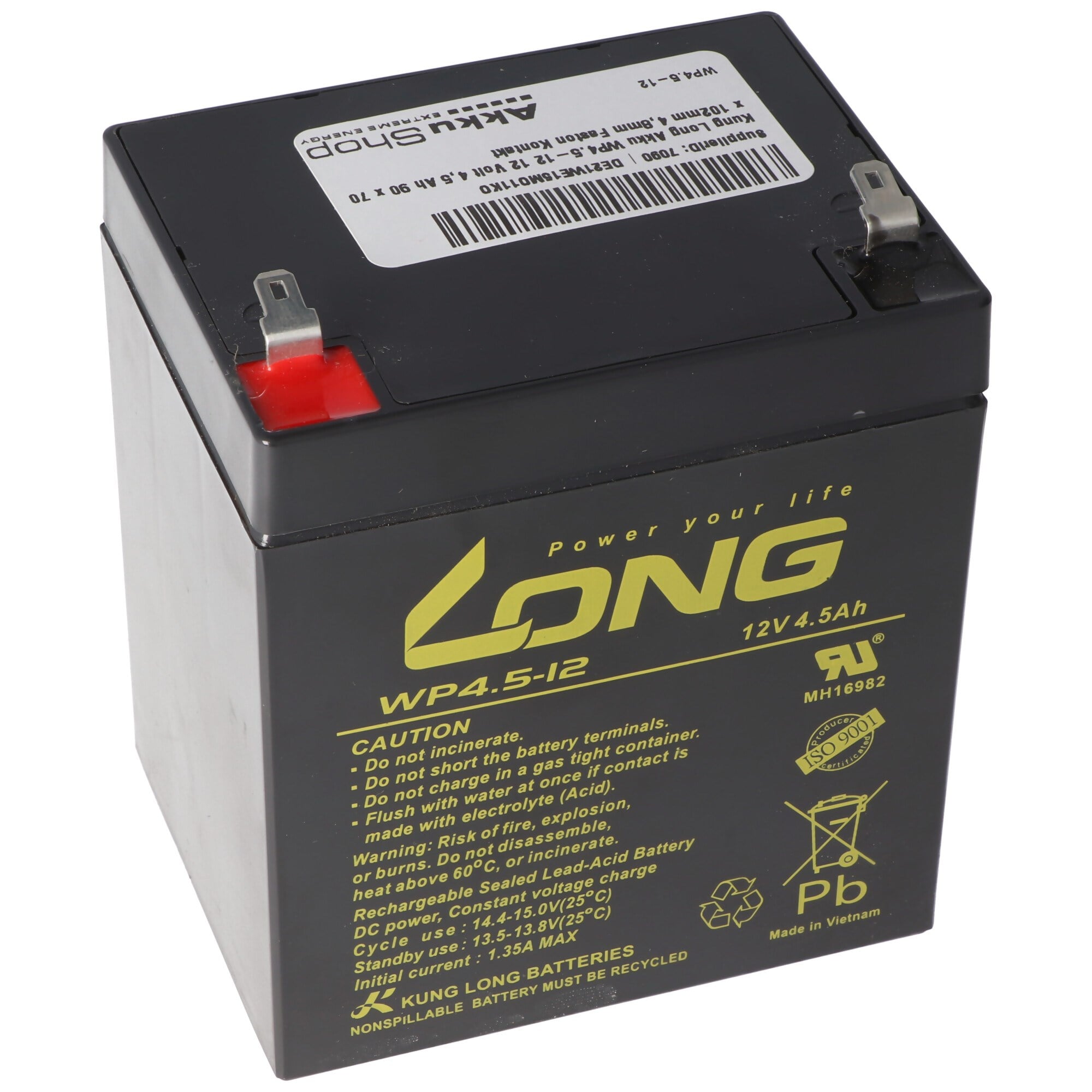 Kung Uzun pil WP4.5-12 12 volt 4.5 Ah 90 x 70 x 102mm 4.8mm Faston kontağı