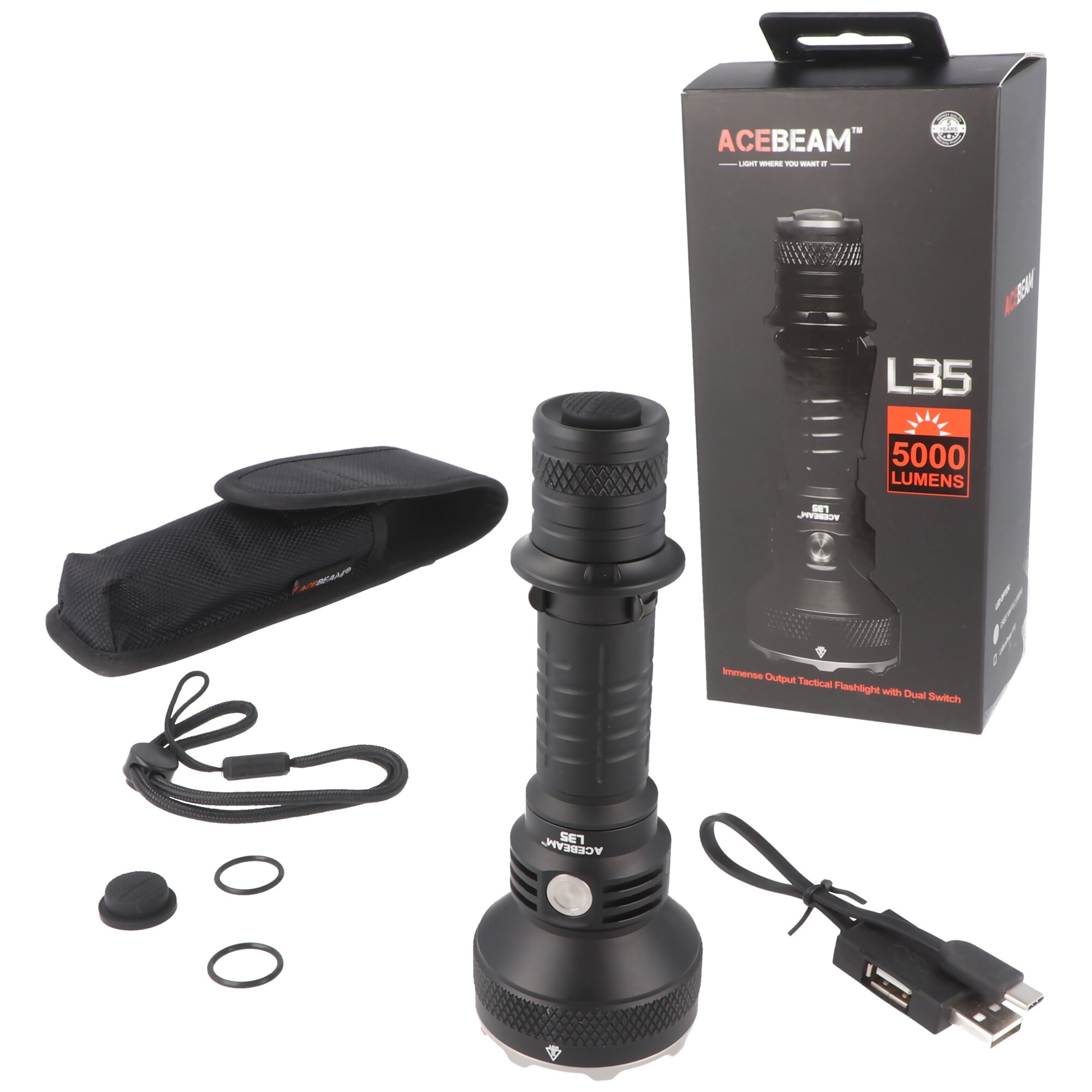 Maksimum 5000 lümen ve 570 metreye kadar AceBeam L35 LED el feneri, şarj edilebilir pil ile
