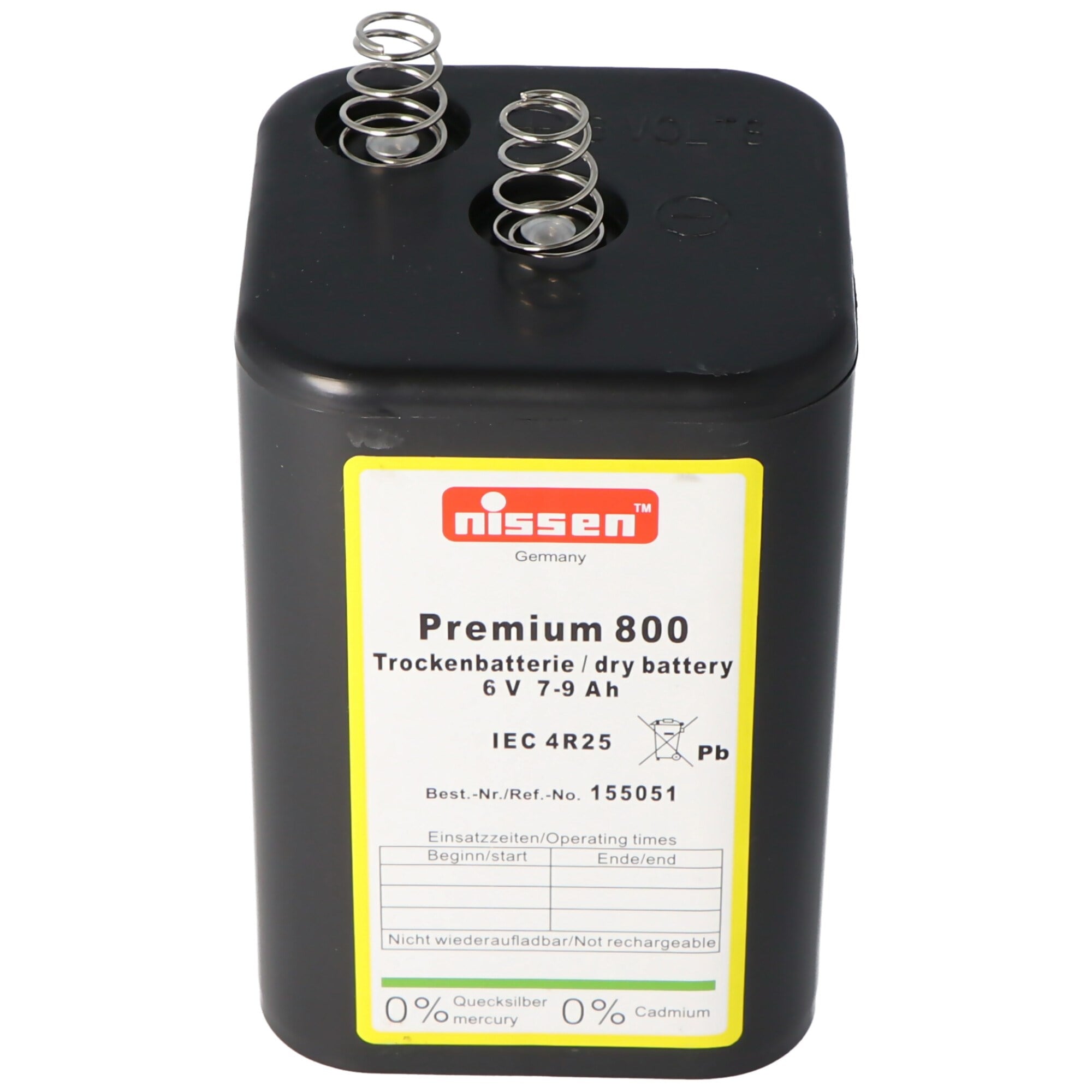 Nissen Premium 800 4R25 pil 6 volt 7-9000mAh kapasite, kuru pil Nissen 4R25 cıva ve kadmiyum içermez