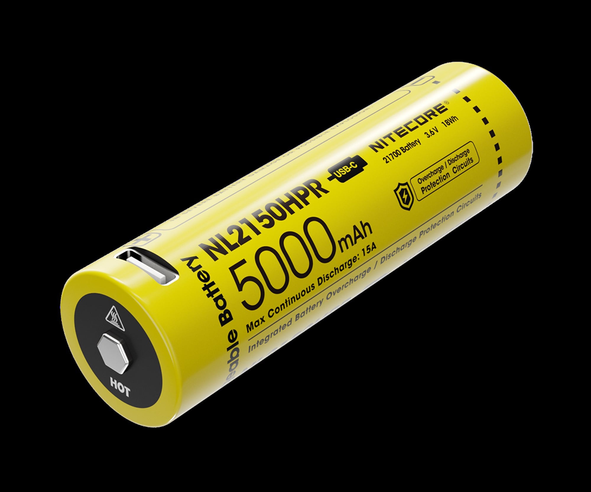 Nitecore Li-Ion pil tipi 21700 - 5000mAh NL2150HPR, entegre USB şarj soketli, yüksek akımlı cihazlar için ideal