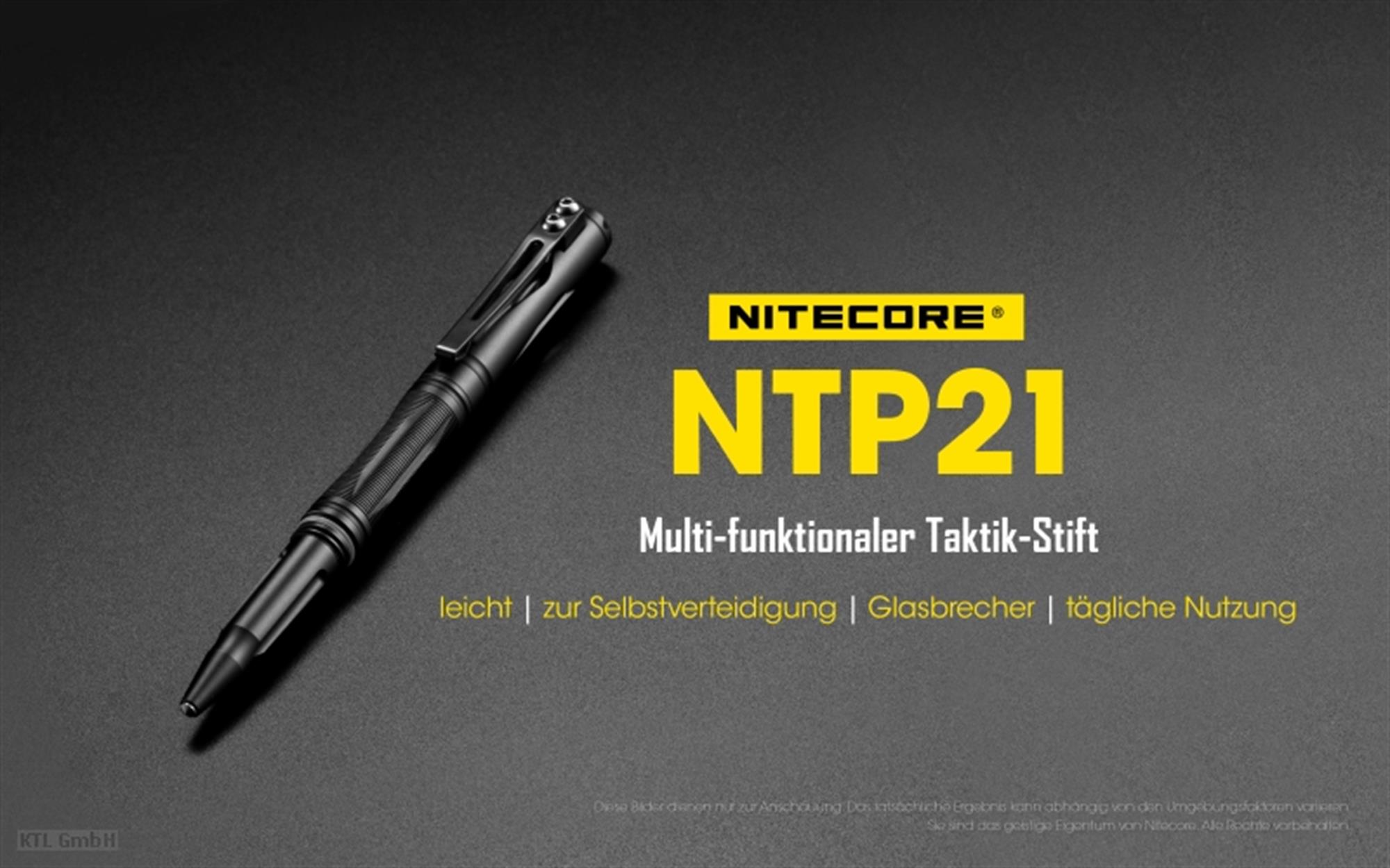 Nitecore Taktik Kalem NTP21 14,19 cm uzunluğunda 25,6 gram, yazı gereci ve cam kırıcı bir arada