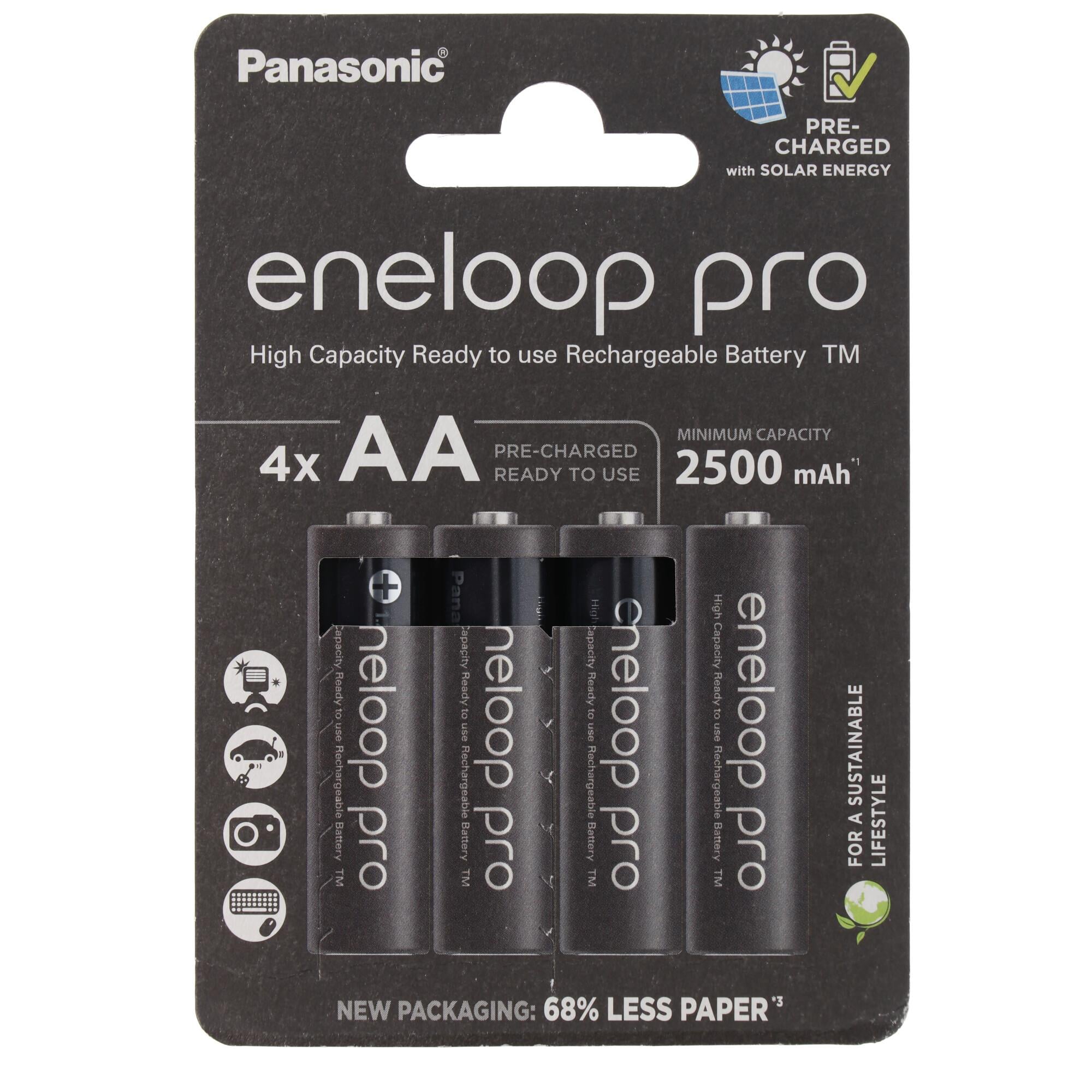 Panasonic eneloop pro, önceden şarj edilmiş, perakende blister (4'lü paket) BK-3HCDE/4BE şarj edilebilir pil NiMH, Mignon, AA, HR06, 1.2V ve 2500mAh 5410853064152