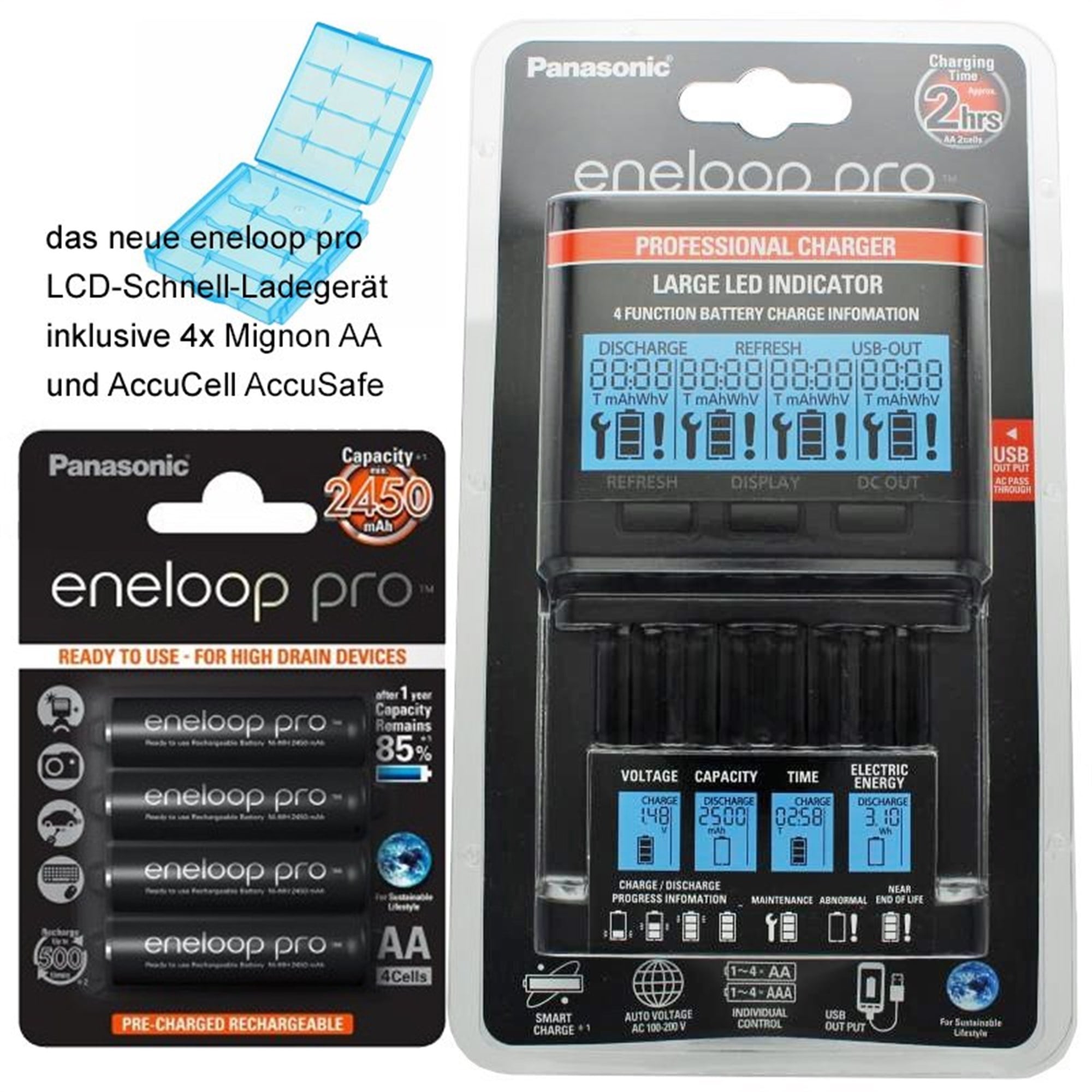 Panasonic eneloop şarj cihazı BQ-CC65, LCD ekran dahil, AA Mignon başına 4 eneloop, AccuCell Box Blue