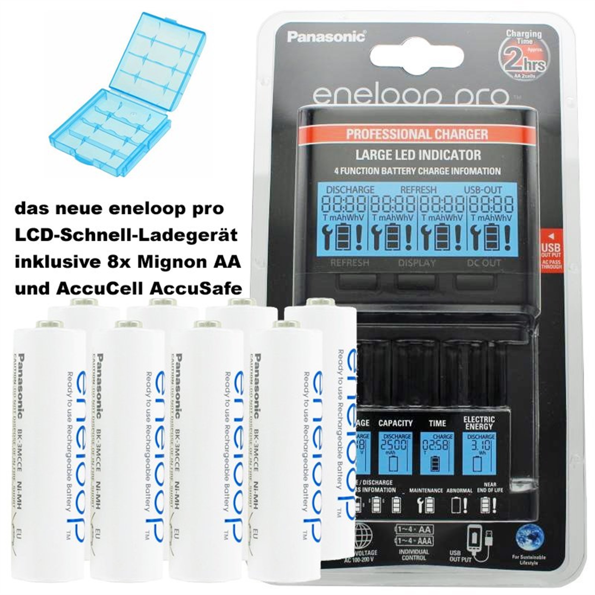Panasonic eneloop şarj cihazı BQ-CC65, LCD ekran, 8 eneloop AA Mignon ve AccuCell AkkuBox Blue dahil