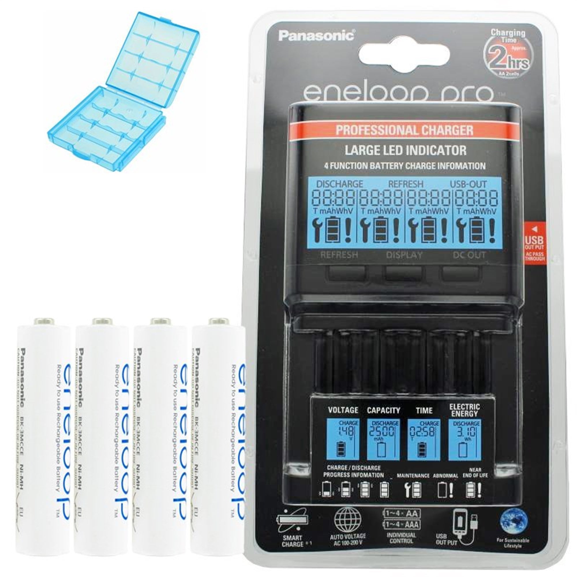 Panasonic eneloop şarj cihazı BQ-CC65, LCD ekran, 8 eneloop AAA Micro ve AccuCell AkkuBox Blue dahil