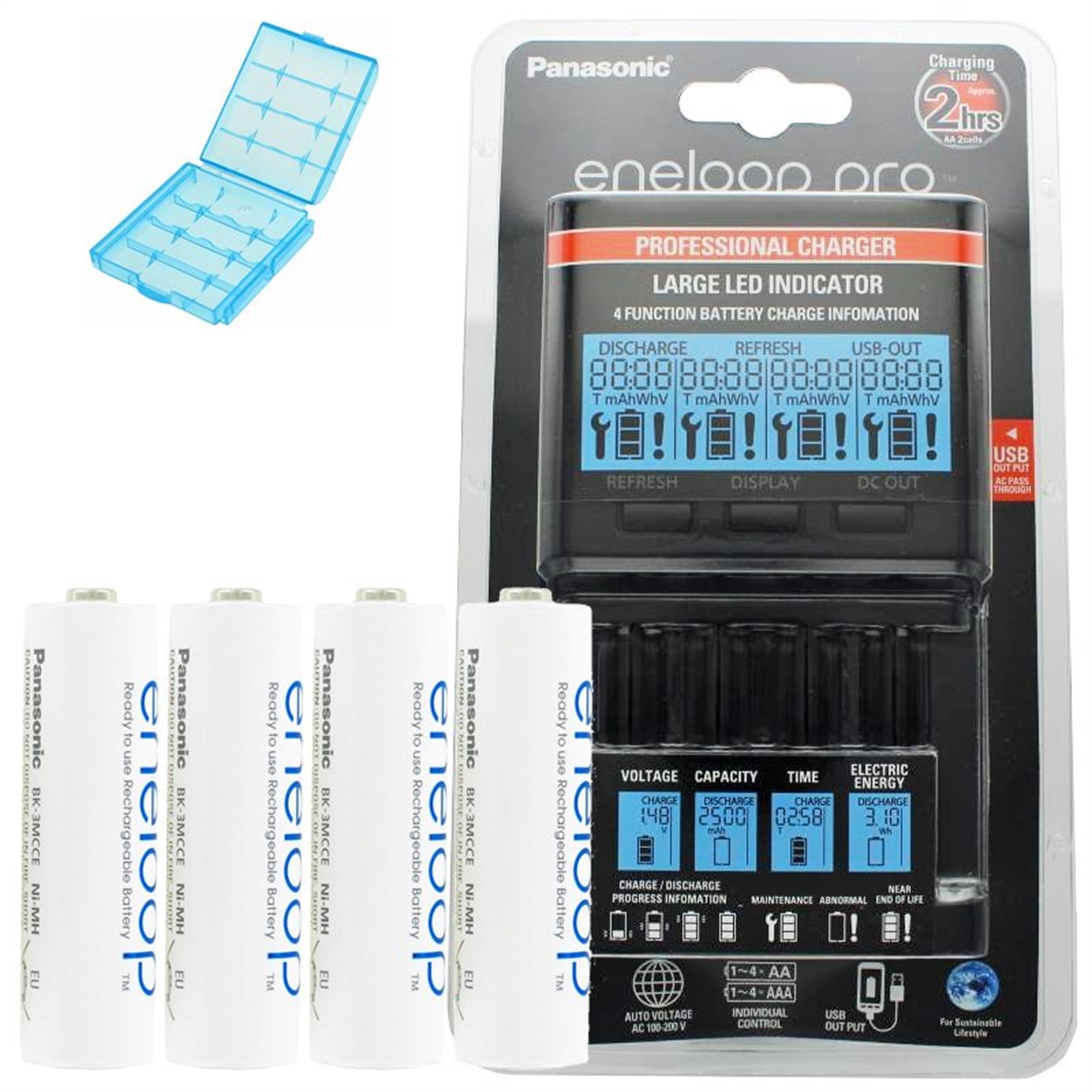 Panasonic eneloop şarj cihazı BQ-CC65, LCD ekran, 4 eneloop AA Mignon ve AccuCell AkkuBox Blue dahil