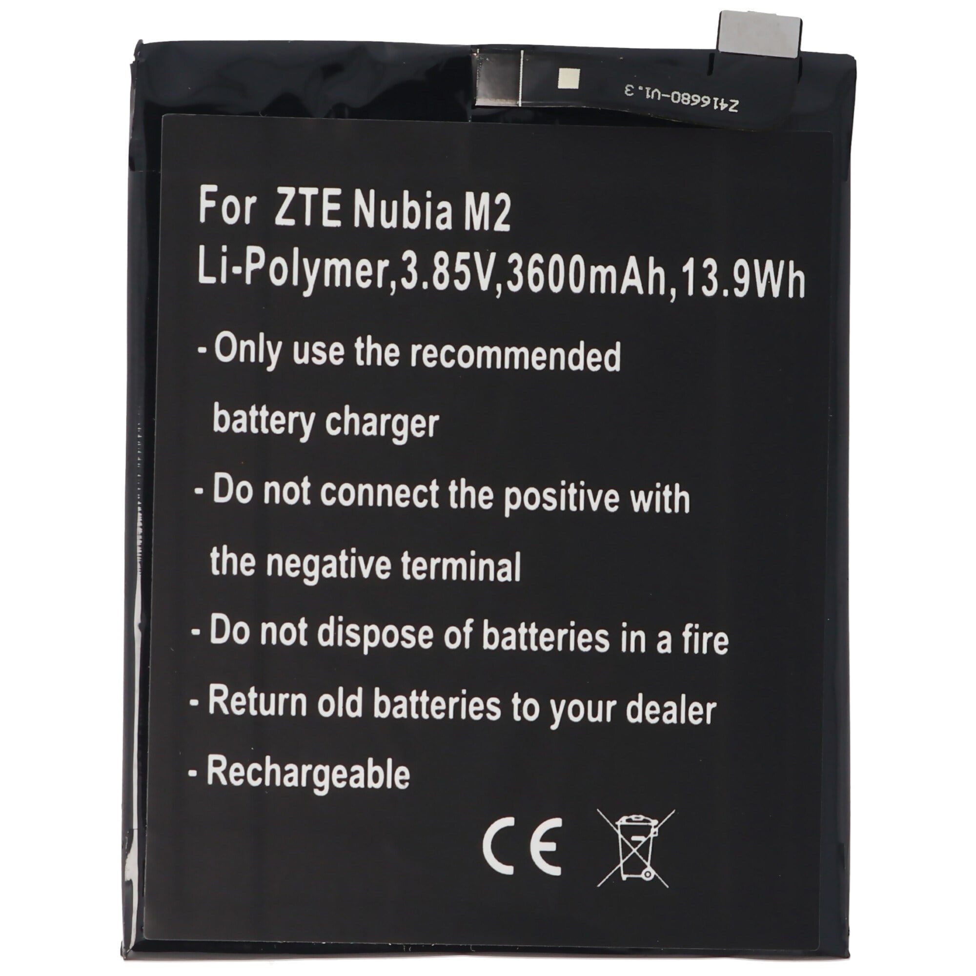 Pil, ZTE Nubia M2, Li-Polimer, 3.85V, 3600mAh, 13.9Wh, yerleşik, aletsiz