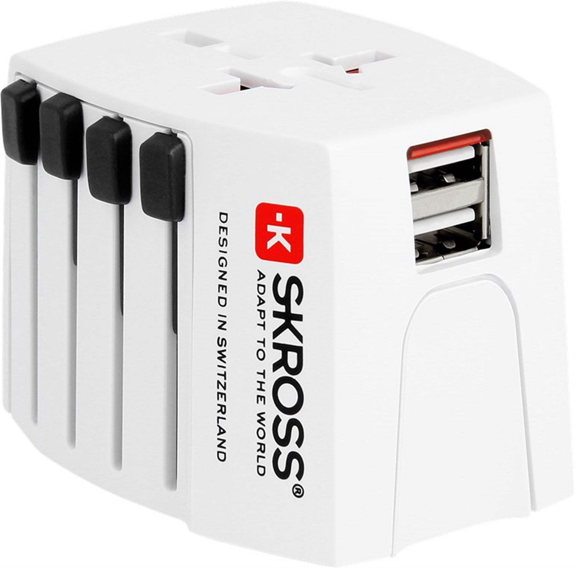 Skross World Adapter MUV USB - tüm topraklanmamış cihazlar için uygundur (2 pinli), entegre çift USB şarj cihazı ile