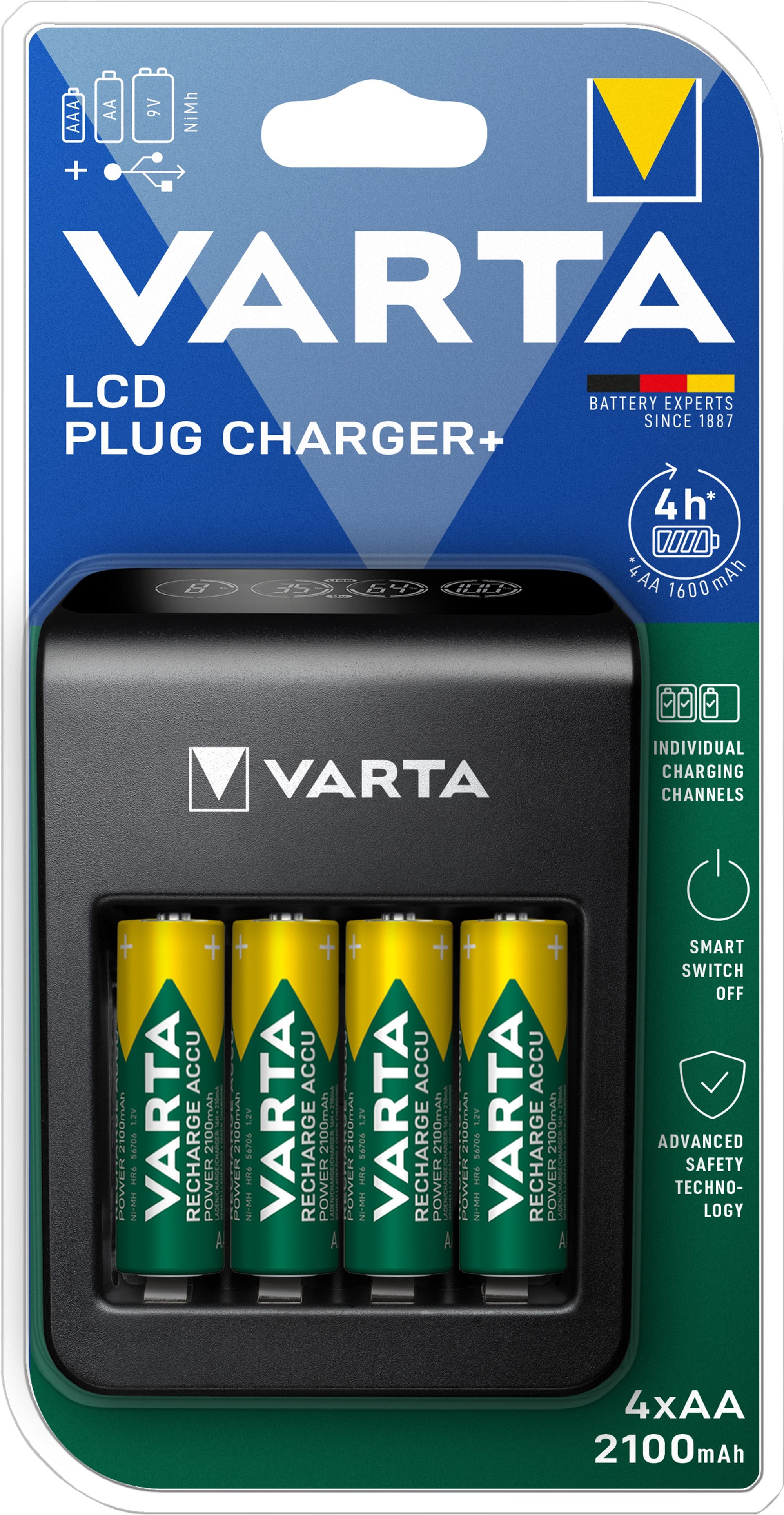 Varta şarj edilebilir pil NiMH, evrensel şarj cihazı, şarj edilebilir piller dahil LCD Plug Charger+, 4x Mignon, AA, 2100mAh, USB