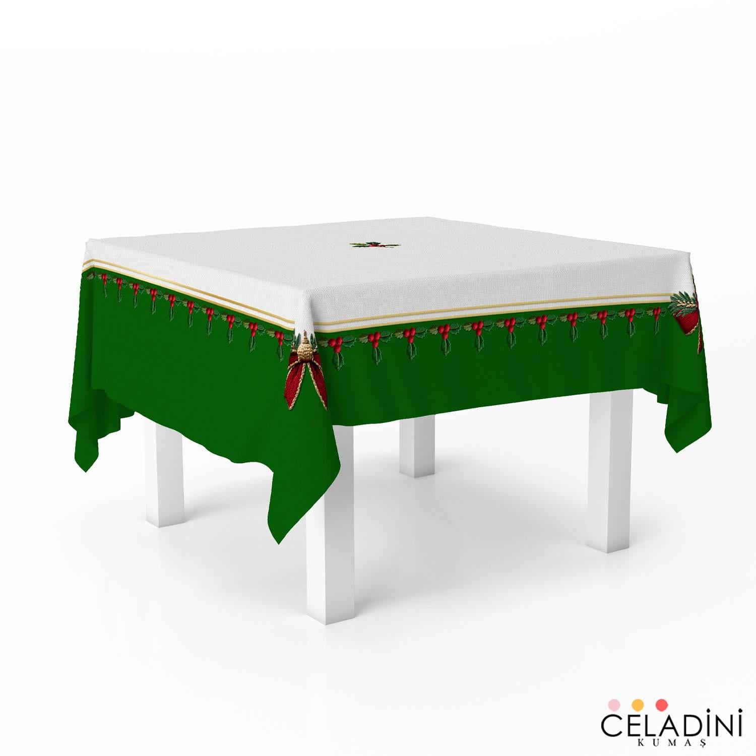 140x140 cm 3D Nakış Efektli Yılbaşı Masa Örtüsü Kumaşı Yeşil