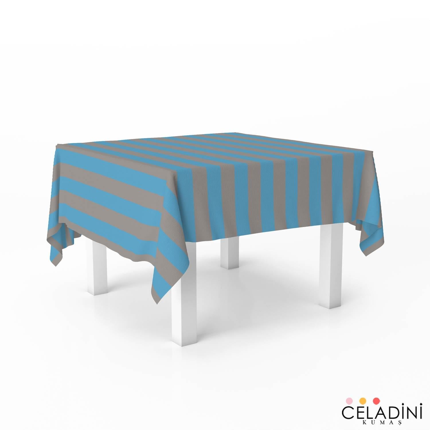 140x140 cm Gri Mavi Çizgili Masa Örtüsü Kumaşı