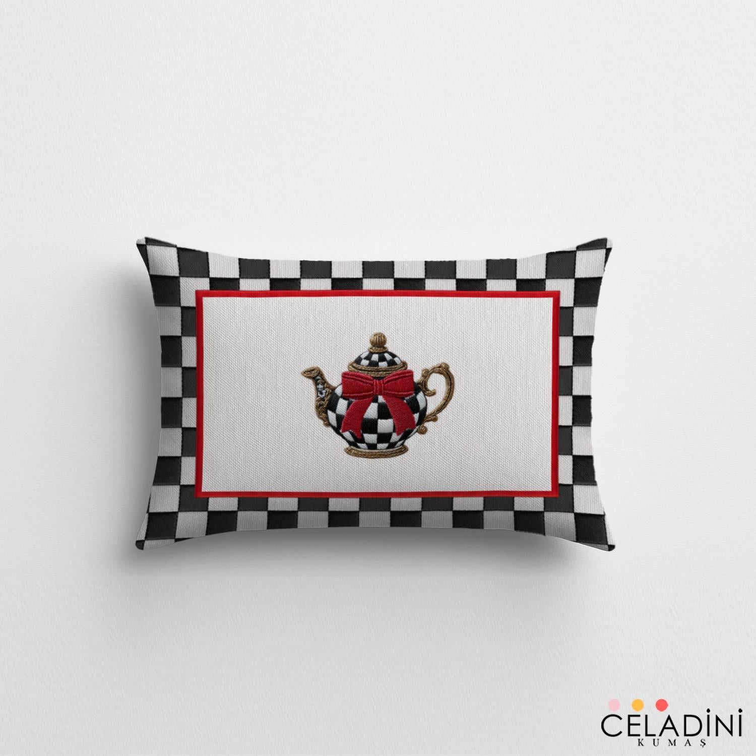 35x50 cm 3D Nakış Efektli Damalı Çaydanlık Kırlent Kumaşı