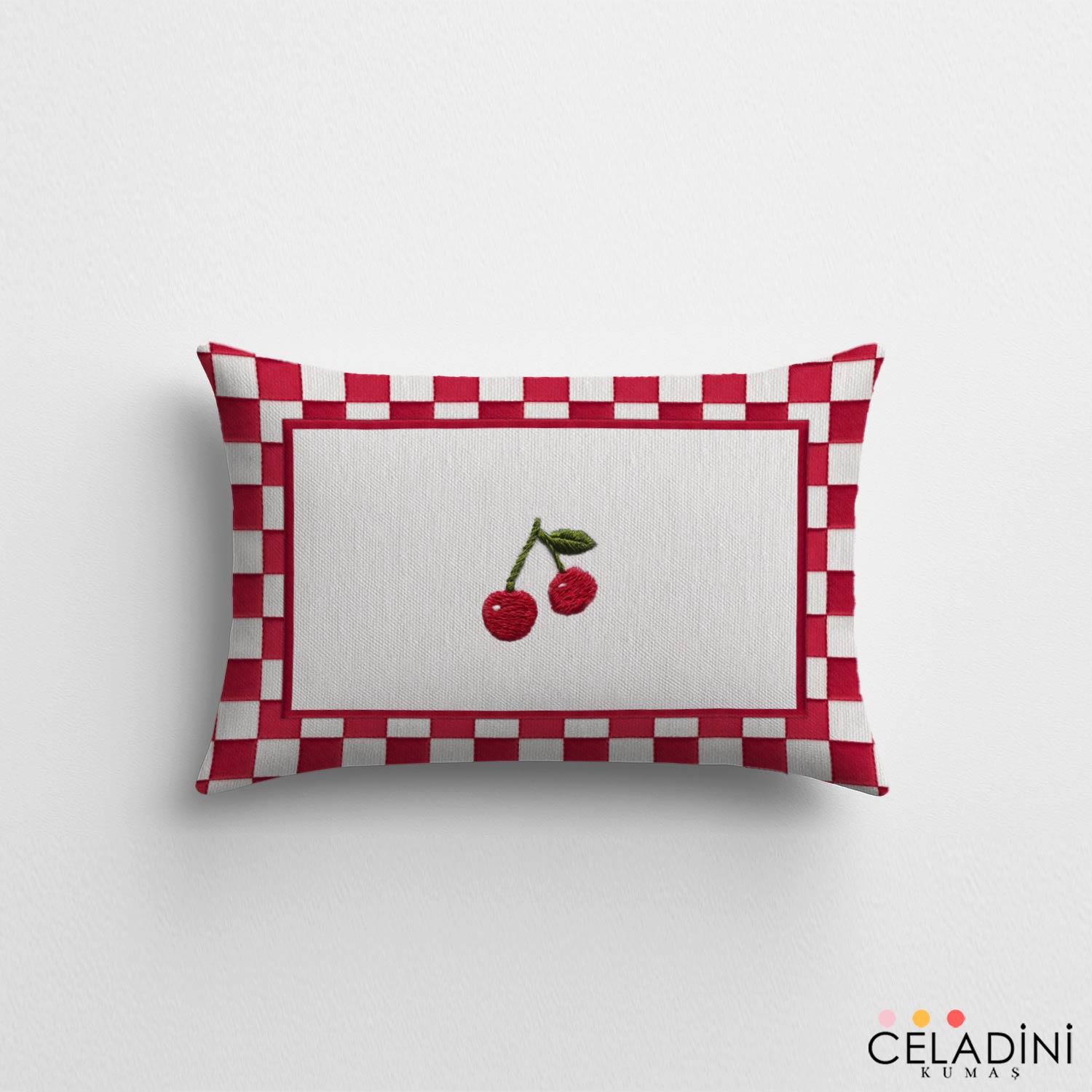 35x50 cm 3D Nakış Efektli Kiraz Kırlent Kumaşı