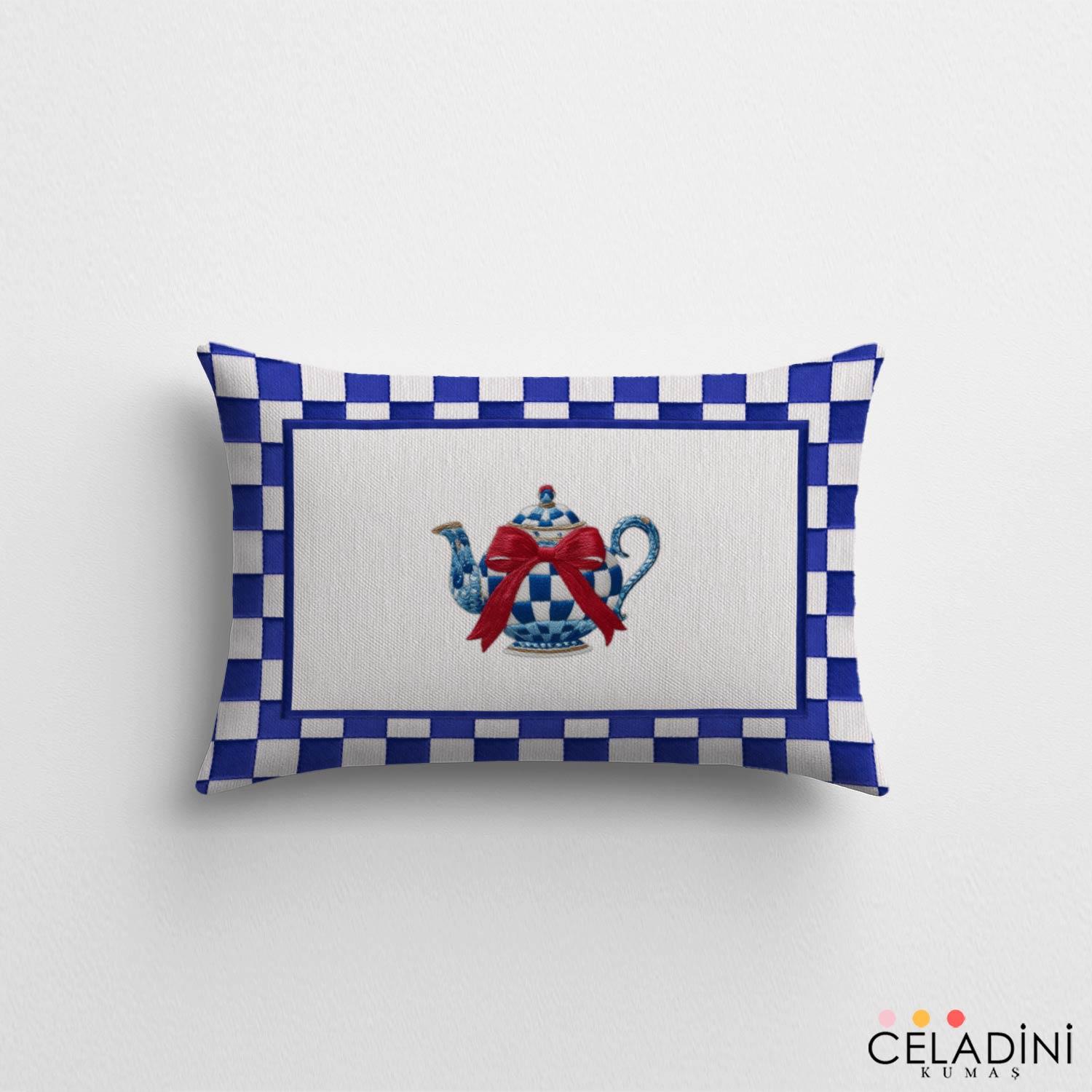 35x50 cm 3D Nakış Efektli Lacivert Çaydanlık Kırlent Kumaşı