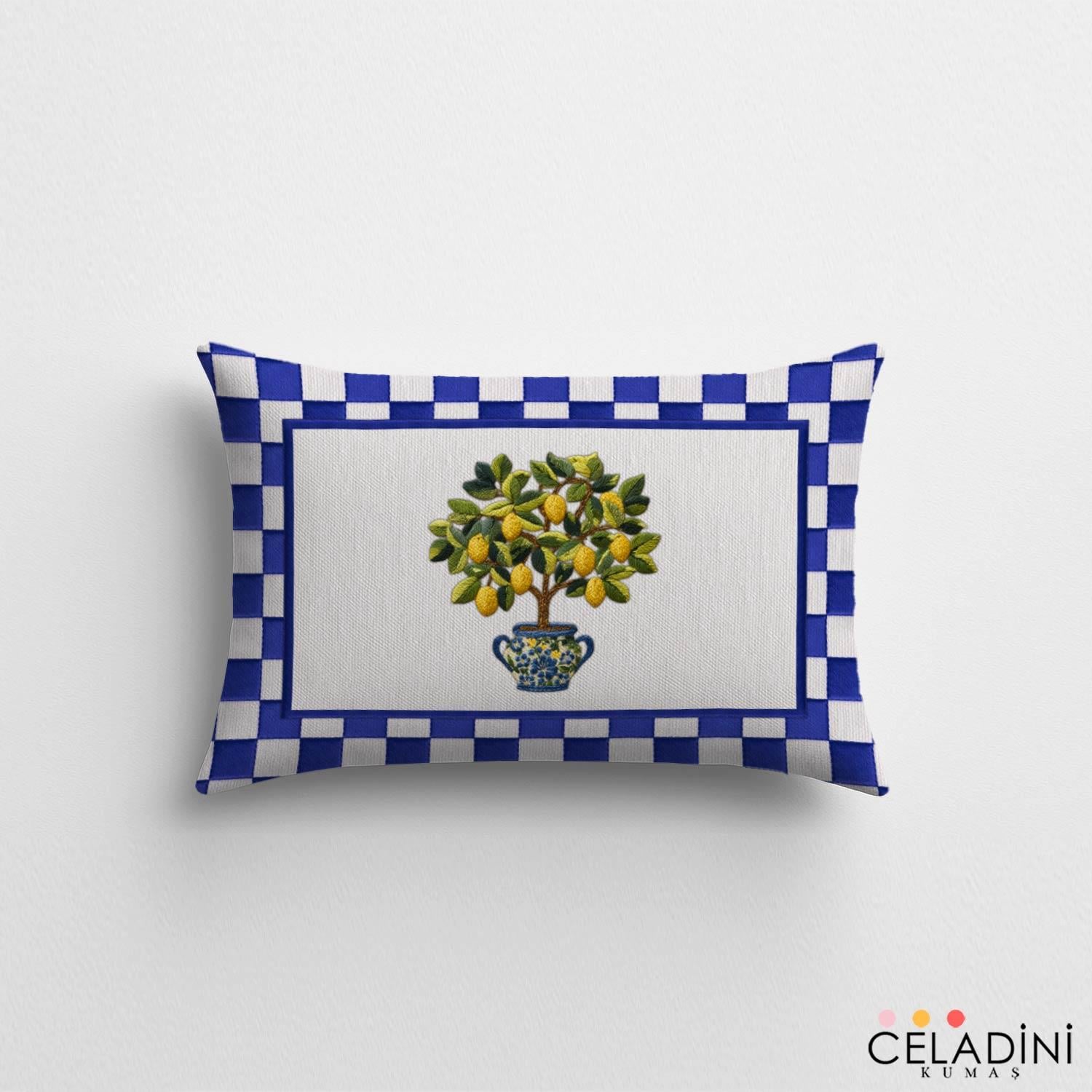 35x50 cm 3D Nakış Efektli Limon Ağacı Kırlent Kumaşı