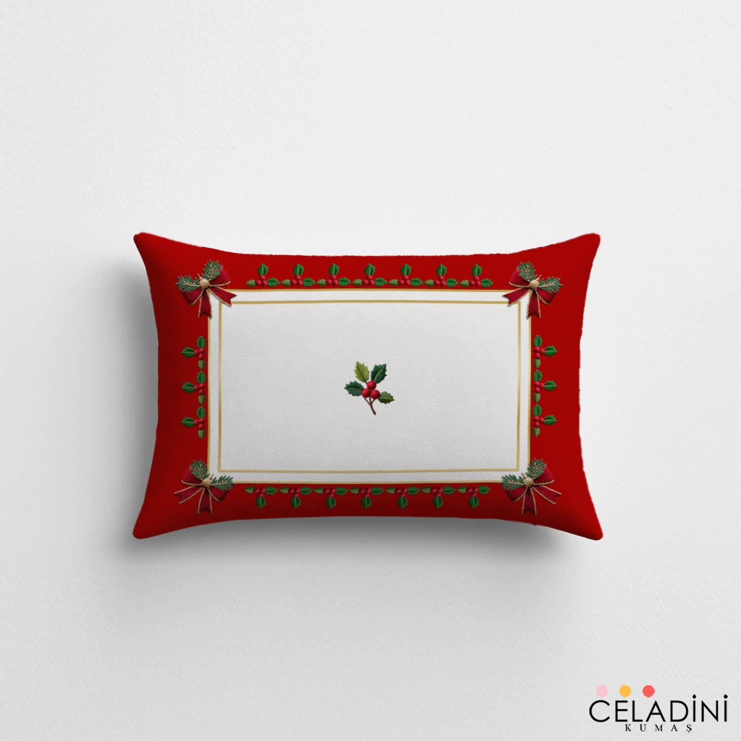 35x50 cm 3D Nakış Efektli Yılbaşı Kırlent Kumaşı Kırmızı