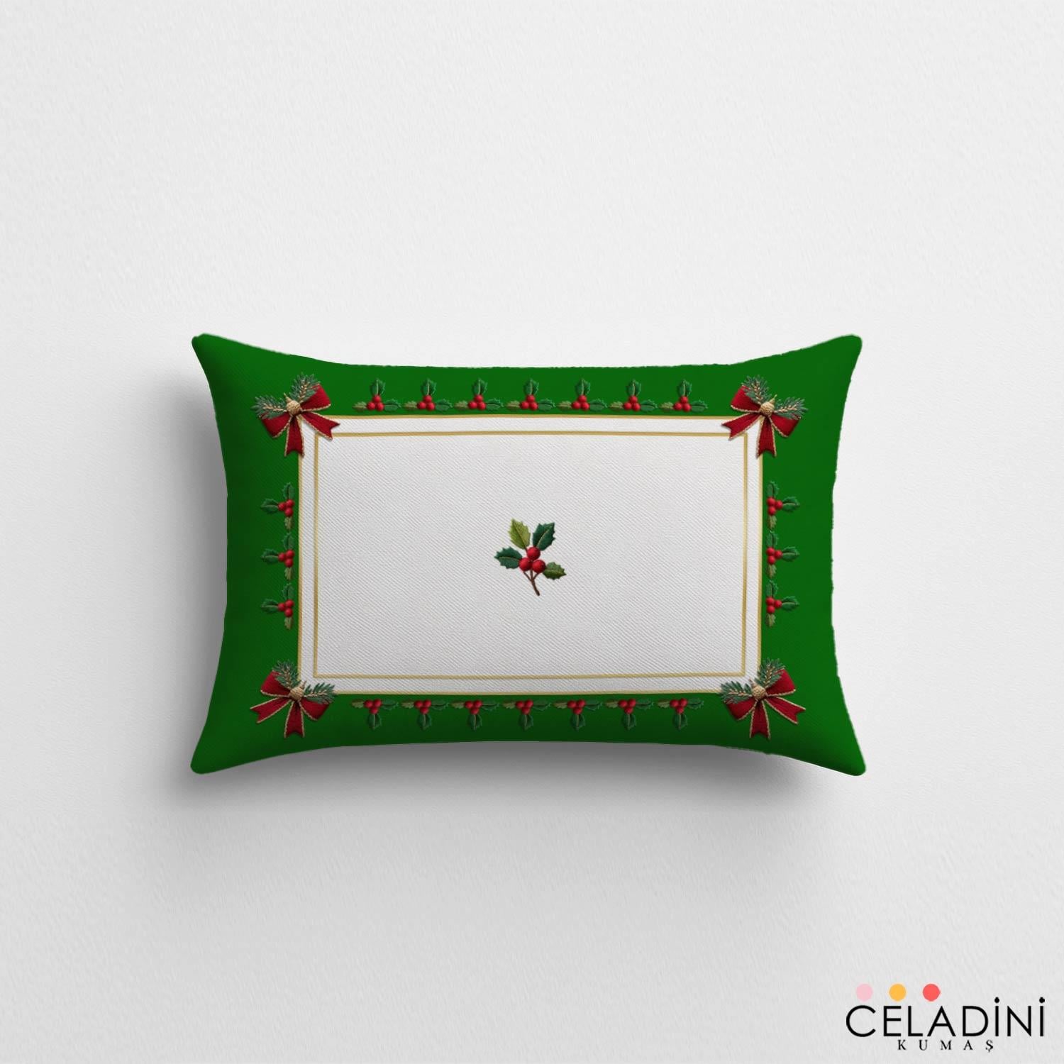 35x50 cm 3D Nakış Efektli Yılbaşı Kırlent Kumaşı Yeşil