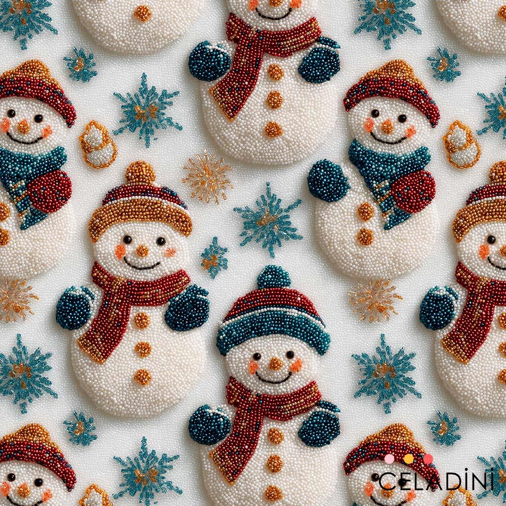 3D Boncuk İşleme Görünümlü Kardan Adam Desenli Kumaş