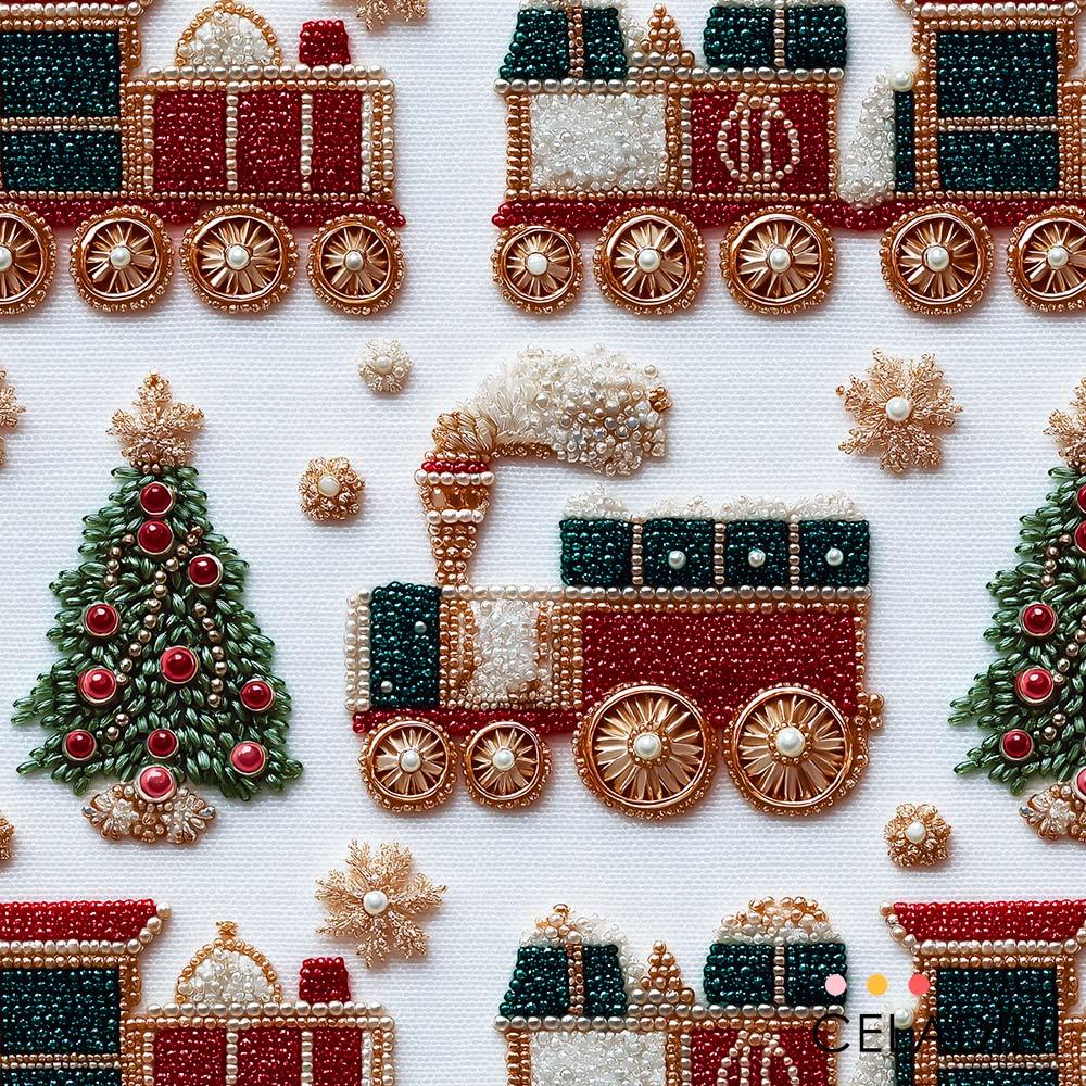 3D Boncuk İşleme Görünümlü Tren Desenli Kumaş