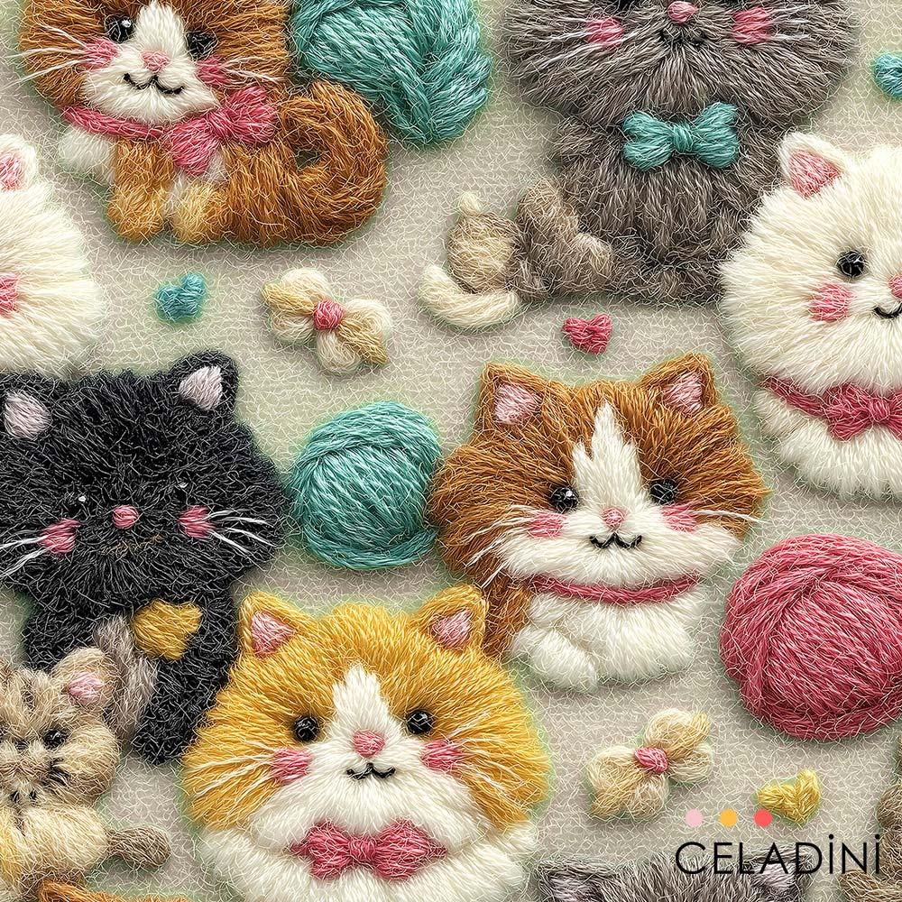 3D Efektli Renkli Yün Kedi Desenli Kumaş