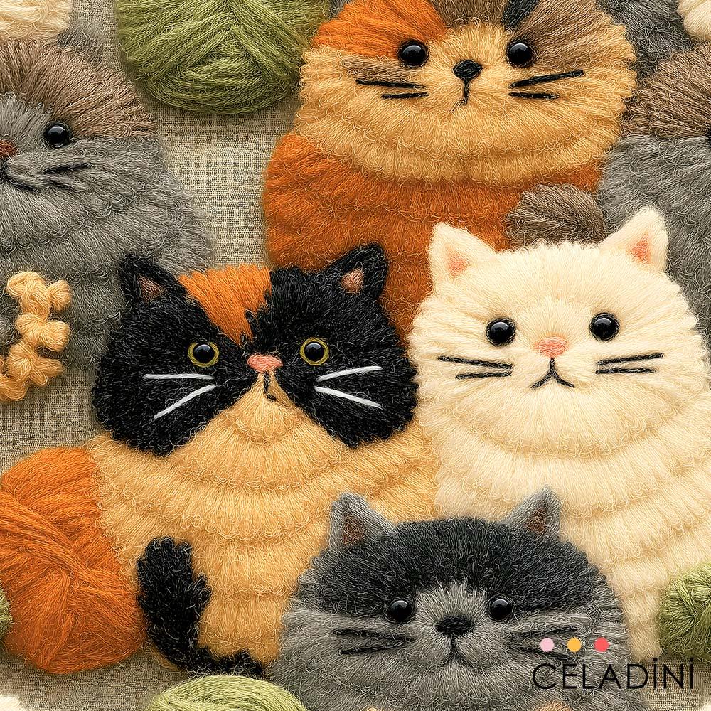 3D Efektli Yün Kedi Desenli Kumaş