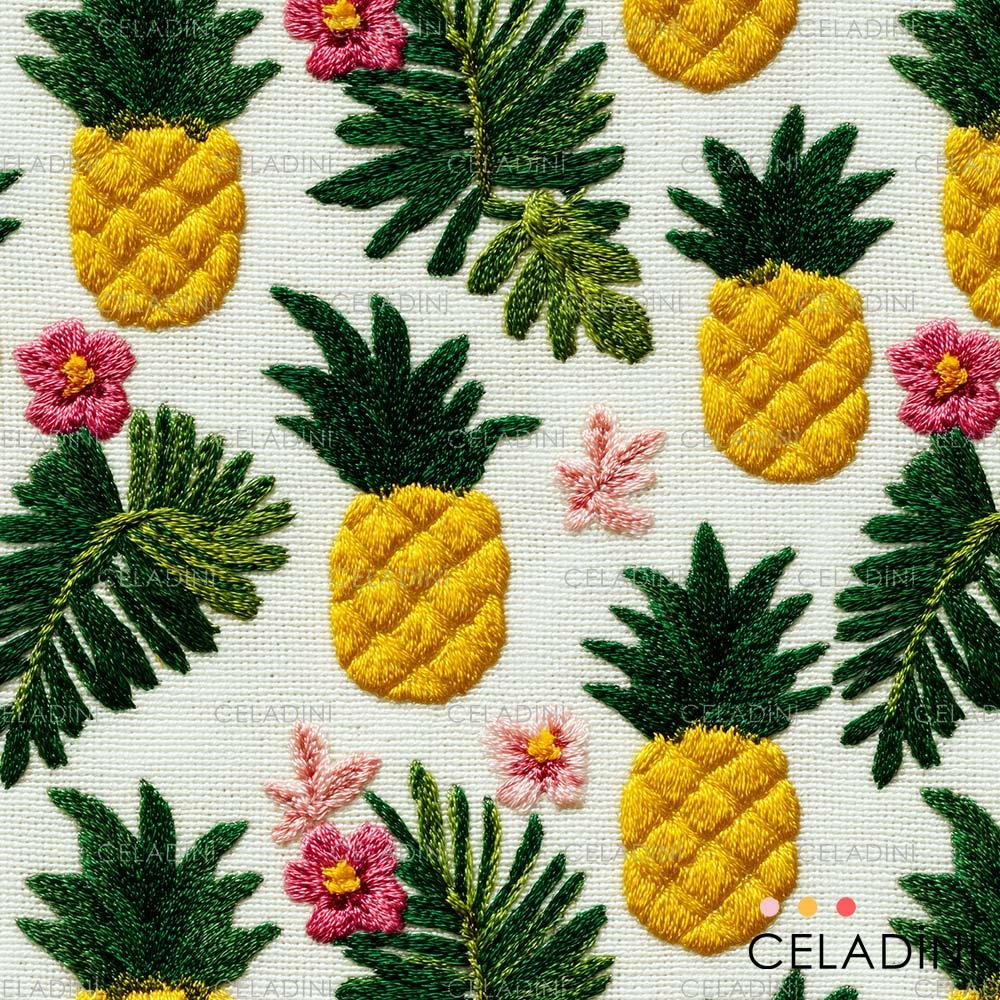 3D Nakış Efektli Ananas Desenli Kumaş