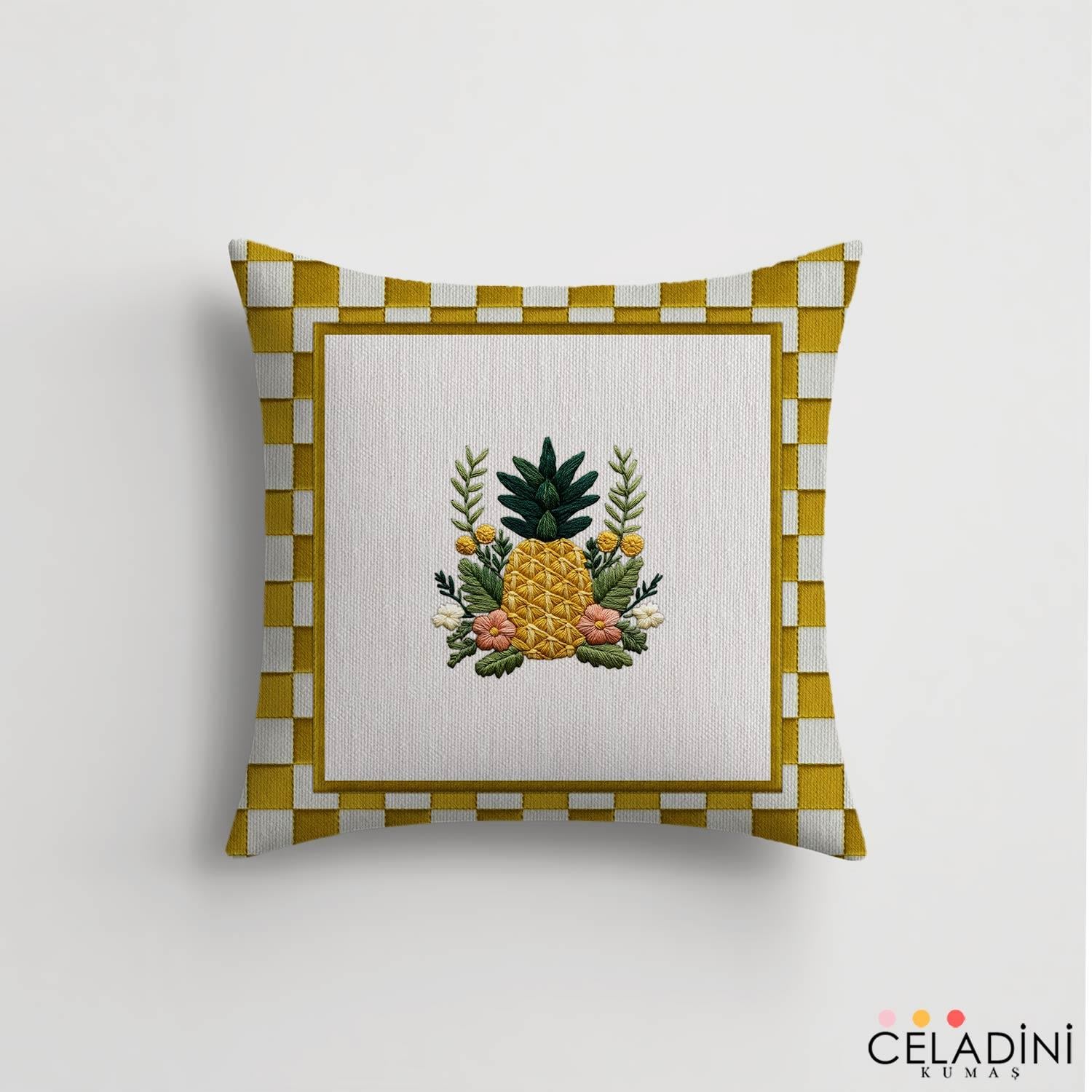 3D Nakış Efektli Ananas Kırlent Kumaşı