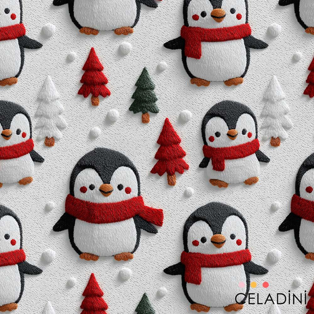 3D Nakış Efektli Atkılı Penguenler Yılbaşı Kumaşı