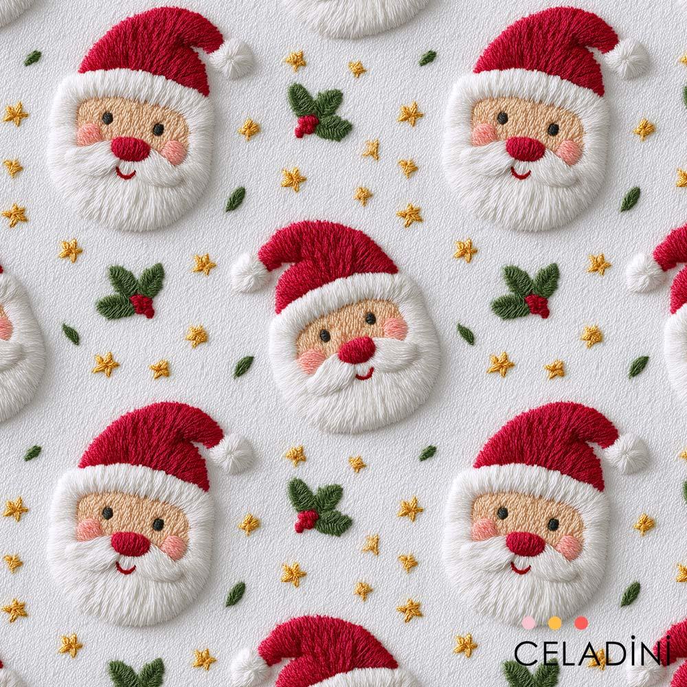 3D Nakış Efektli Beyaz Fon Noel Baba Yılbaşı Kumaşı